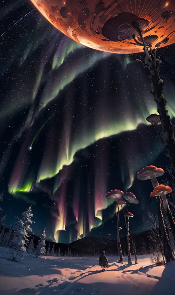 the all scenery are cartoon-like..
scenery 1: a cartoom scenery a black sky with aurora lights to a alien like planet , yet with earthy plants like magical mushrooms and other plants 
scenery 2: a meter rain 
scenery 3: zooming into a galaxy to a solar system that is rotating