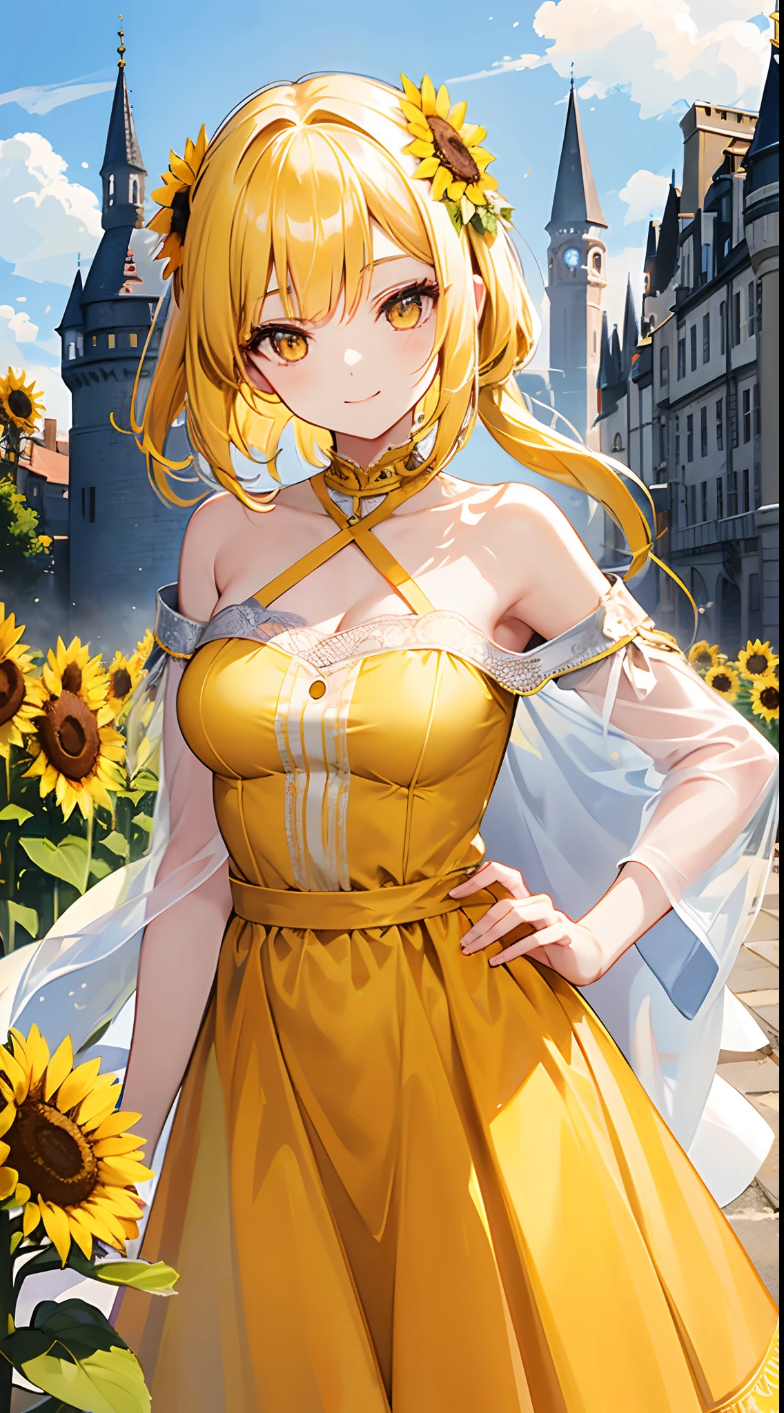 masterpiece,beautiful girl, yellow eyes, yellow hair, smile, a-line dress, off shoulder, sunny, castle, sunflower, clear sky