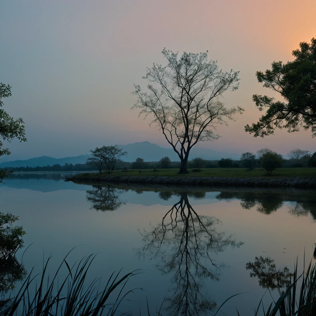 Glistening, lake, mirror-like, reflections, tranquil, dusk.