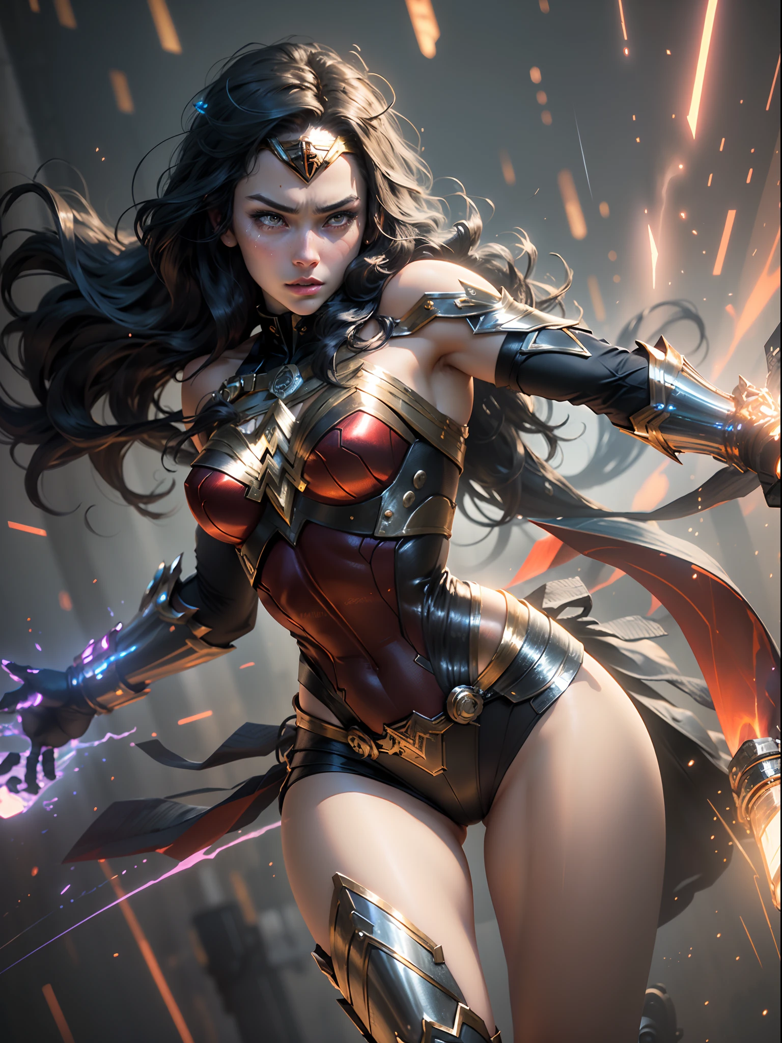 Amazing full-body depiction of sexy Wonder Woman,In fierce night battles。nightmare。japanese-inspired。cyber punk perssonage。salama。Dynamic composition shows power、Smooth movements,Pastel tones enhance the dramatic action。 Impressive, hyper realisitc, cinmatic lighting, cinematic photogtaphy, Extremely detailed and complex, VFX around volumetric fog, during night, Super max, hyper realisitc, ultra - detailed, hight contrast, rtx on, Hdr, photography of, realisticlying, Degrees of freedom on, The field of view opens, motionblur, The lens flare is on, 50mm Prime f/ 1.8, White balance, Hyper-Resolution, Mega Pixel, ProPhoto RGB, VR, highr, epic, Rear half illumination, lights background, natural lightting, Incandescent Lamps, fiber-optics, Mood lighting, Cinema lighting, Studio lighting, gentle illumination, volumetr, contrast, Dark lighting, emphasis lighting, Projected global illumination, Screen Space Global Illumination, Ray Tracing Global Illumination, Red fringing light, 45% Cool color grading, optics, Scattering, with light glowing, shadowing, hyper photorealism, Caustic water, Refractive water, exquisite detailing, intricately details, Ultra-detailed photography, High- sharpness, High reflex, an award winning photograph