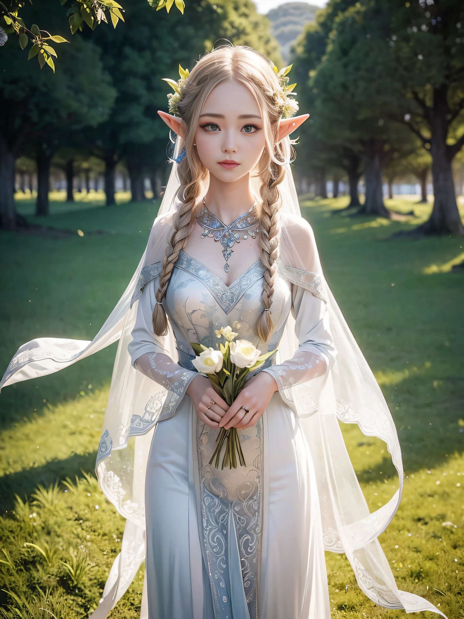 masterpiece, best quality, 1girl, elf bride, white flowing bridal dress, (rose petals:1.3), church, sunbeam, volumetric lighting, (from above:0.8), close-up