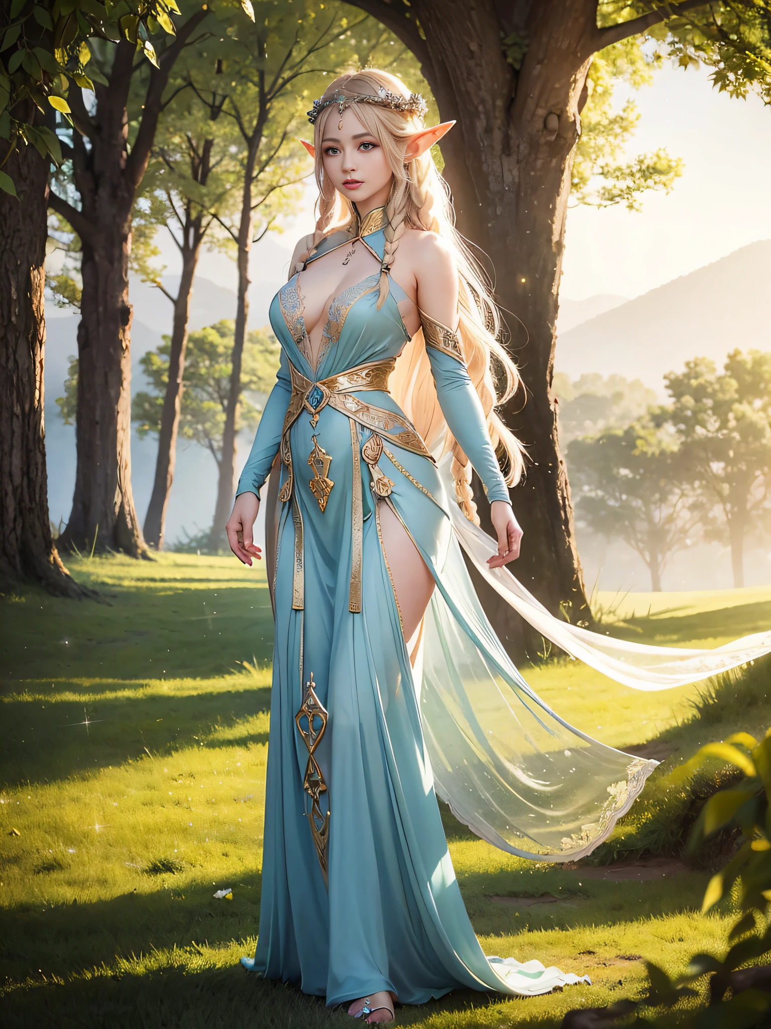 Graceful elven girl standing in meadow, Delicate face illuminated by the soft light of the setting sun. Her long, Flowing hair runs down your back, Decorated with intricate braids、Adorned with sparkling gemstones. This great photo is、、、It captures the ethereal beauty of elves. Slender figure in silk dress、Swaying in the soft steppe breeze. Attention to detail、Face that is、Face that is、Face that is、Face that is、It is evident in the intricate patterns of the dress and the subtle highlights of the luminescence. skin. The breathtaking portrayal of the elven girl is、、、、、Create an enchanting atmosphere、It invites the viewer to a magical world.