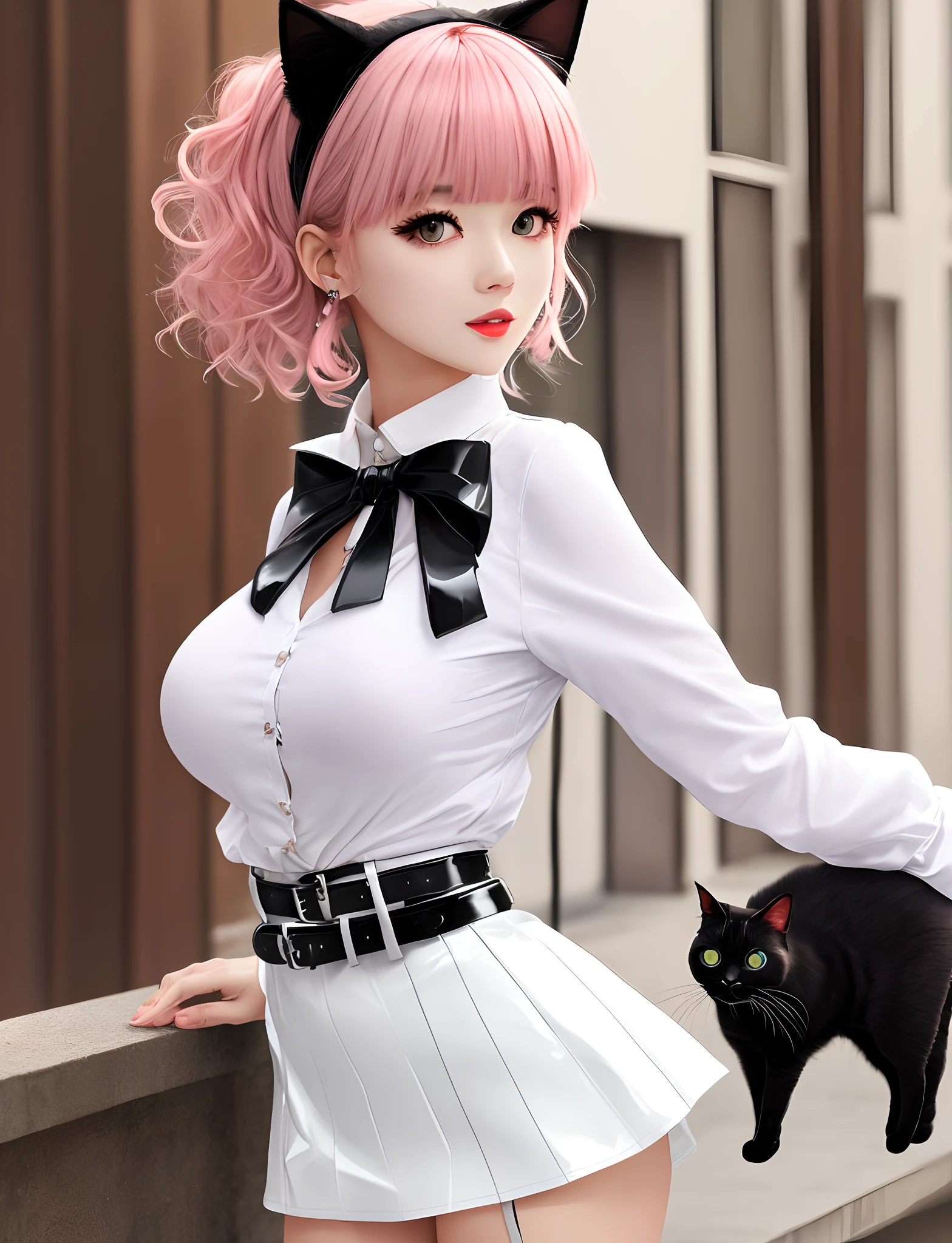 realisitic、top-quality, femele, Pink hair, wavy hair, Blunt bangs, Beautuful Women((White blouse)) ((Black PVC Mini Skirt)) huge tit、garterbelts、 cat ear