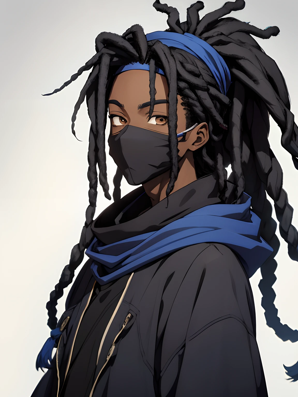 black anime guy with blue hair with dreads wearing a blue bandana over mouth