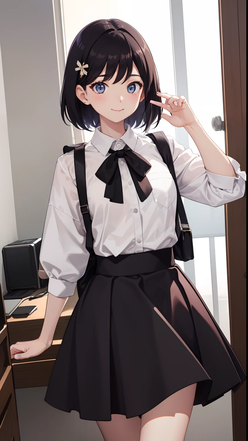 1girl in、imagem 4k、A smile、The shirt、Blouse、(paler)skirt by the、(small tits)Chilarism、movement、