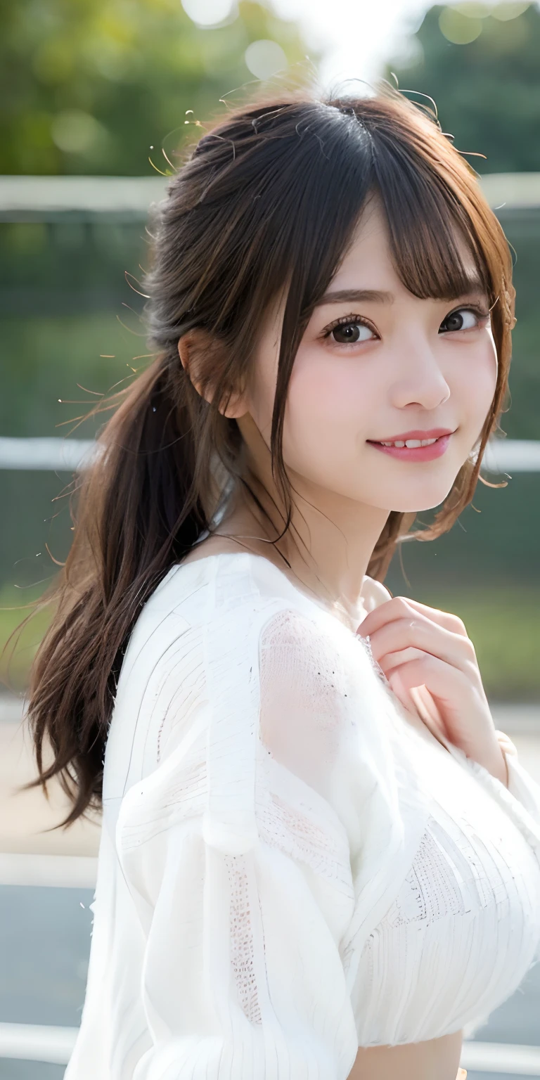 masutepiece, Best Quality,
Ultra-detailed, finely detail, hight resolution, in 8K,
((Photorealsitic:1.4, Raw photography, 超A high resolution,Top image quality: 1.4)),
Wallpaper,
((Perfect whole body configuration1.5)),
Beautiful detailed eyes, Natural Color Lip,
((a serene smile:1.5)),
((Random and cute hairstyles)),
((rather large breasts、You can see the chest:1.2)),
((from the front side:1.5)),
((breastsout、under look eyes、breastsout、Mole on the arm:0.9)),
((Random blurry background)),((the setting sun)),((Put your fingertips to your lips)),
((Random and cute facial expressions)),,
very detailed and professional lighting、
Perfect dynamic composition, Beautiful detailed eyes,((turned around:1.5)), ((White knitwear:1.5))、((long court:1.6)),((micromini skirt:1,5)),((Smile,Harajuku)),((stares at the camera))