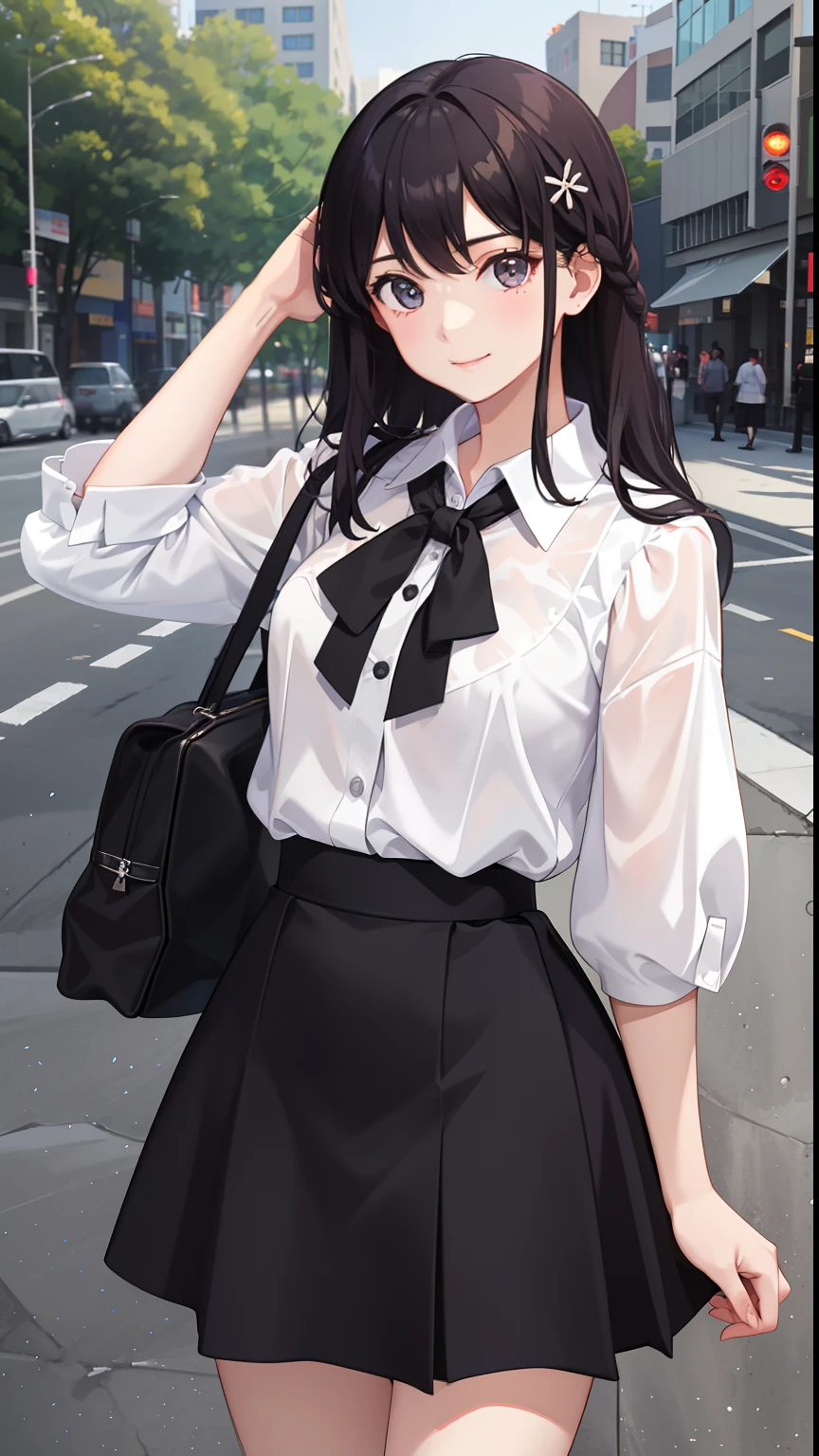 student, Italian features, 25 years old, very long black hair, busty,