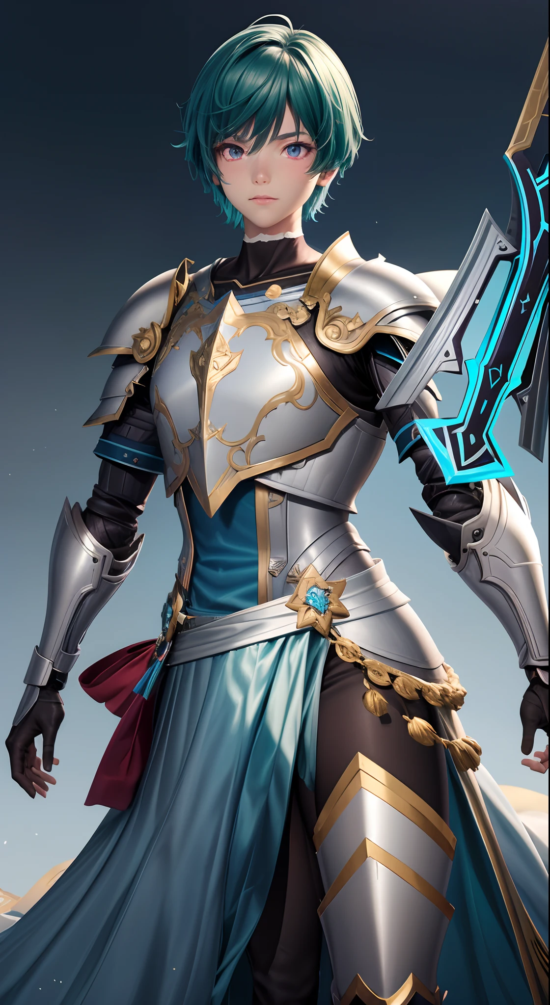 best quality, masterpiece, 1boy, 1man, human, paladin warrior, ([light blue color|deep green color:0.85] short hair), red eyes, (detailed face, detailed eyes), looking to camera, full body, upper body, light armor, illustration, temple background, vibrant colors, sharp focus, powerful presence, luminous lighting, mythical atmosphere, (sword near chest pose:1)