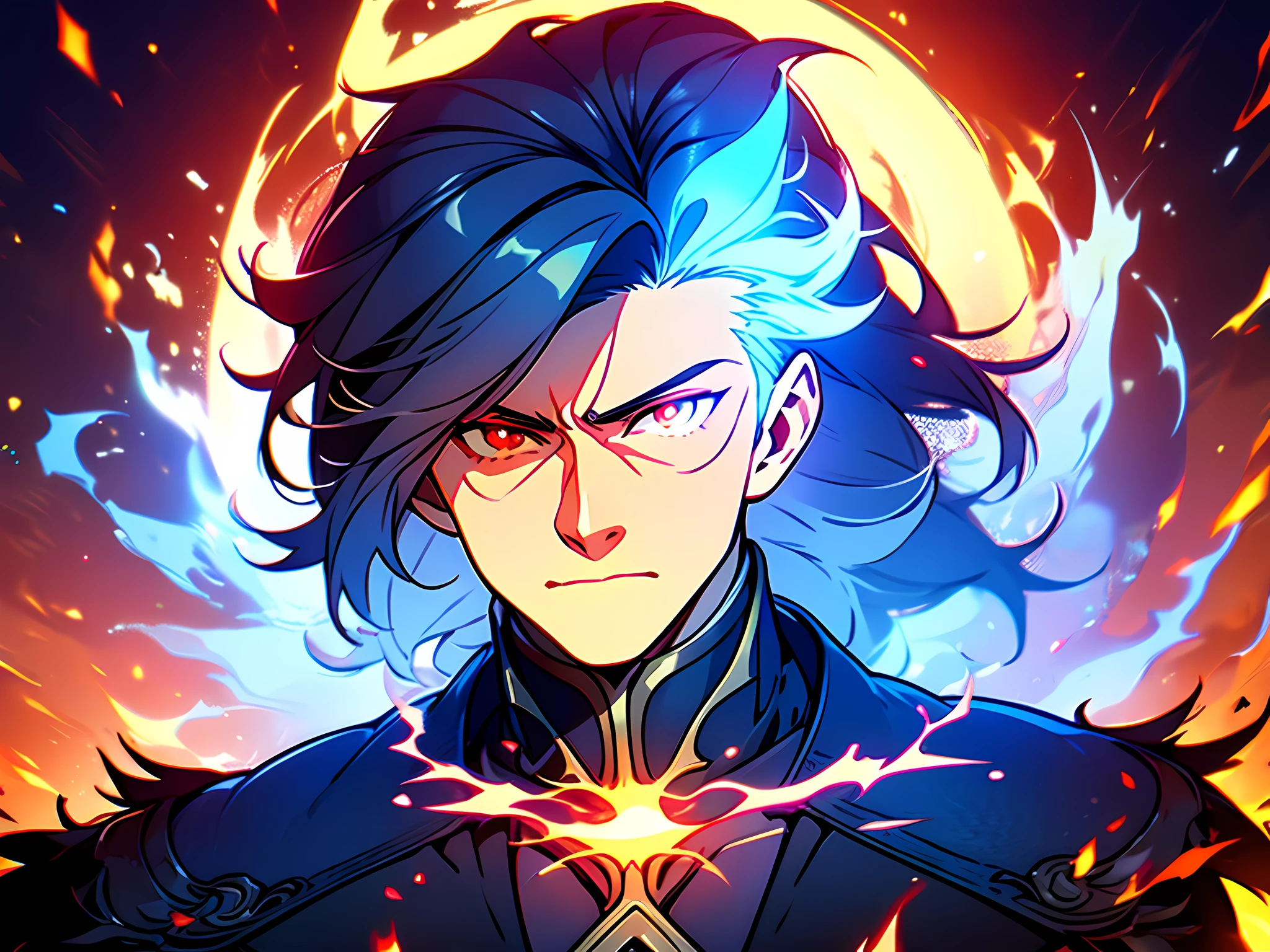 (ultra-detailed, perfect pixel, highres, best quality, beautiful eyes finely detailed), 19 years old boy, have power like demon god in manhwa, full of demonic aura, angry facial expression, red eye color (glowing red eyes), blue hair (half of his hair covered with blue flame), with aristocrat style outfit, elegant, detective, realistic fire, the background is full of magical particles and realistic blue fire. lens flare, glowing light, reflection light, motion blur, 8k, super detail, ccurate, best quality, Ray tracing.