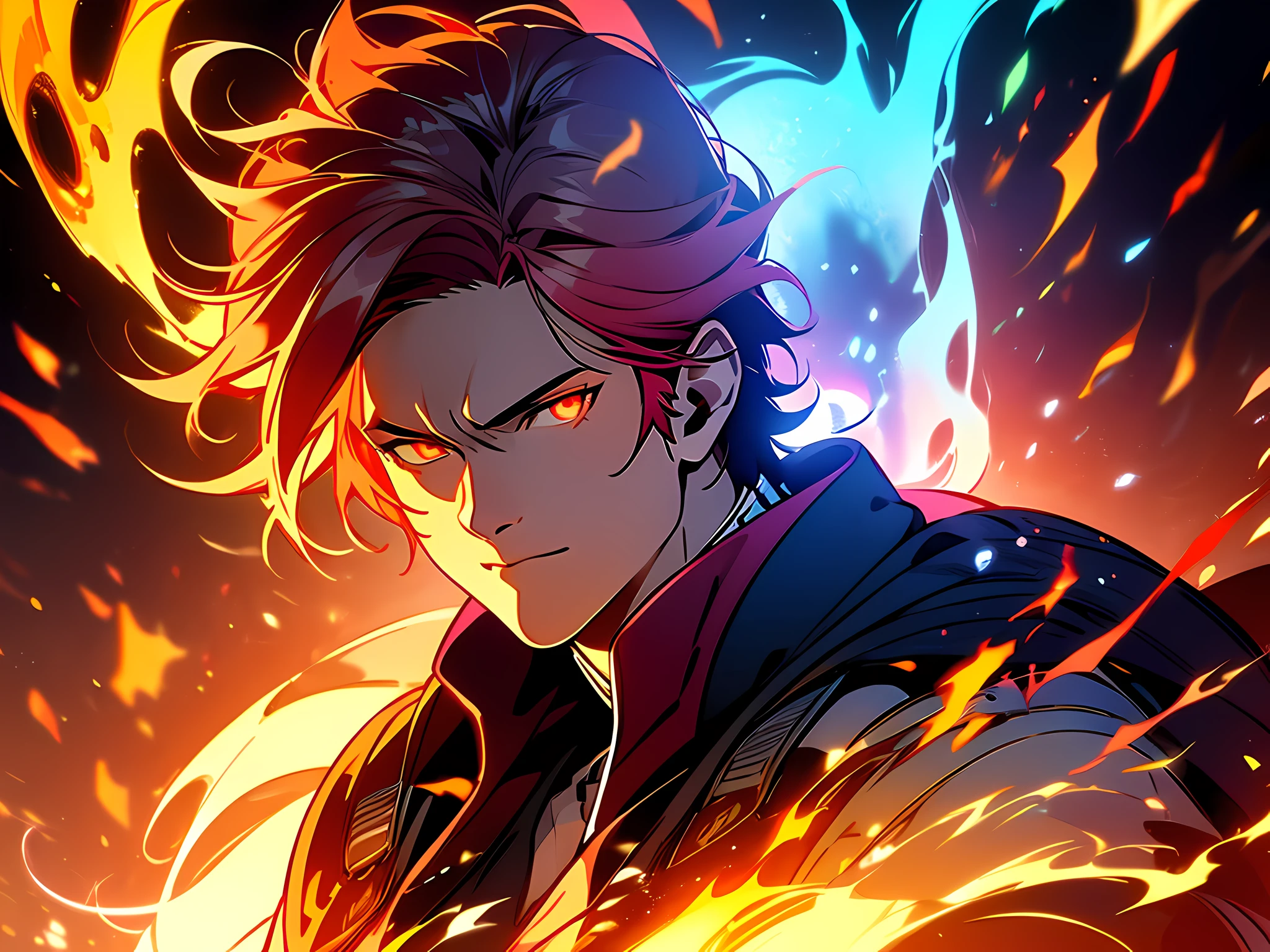 (ultra-detailed, perfect pixel, highres, best quality, beautiful eyes finely detailed), 19 years old boy, have power like demon god in manhwa, full of demonic aura, angry facial expression, red eye color (glowing red eyes), blue hair (half of his hair covered with blue flame), with aristocrat style outfit, elegant, detective, realistic fire, the background is full of magical particles and realistic blue fire. lens flare, glowing light, reflection light, motion blur, 8k, super detail, ccurate, best quality, Ray tracing.