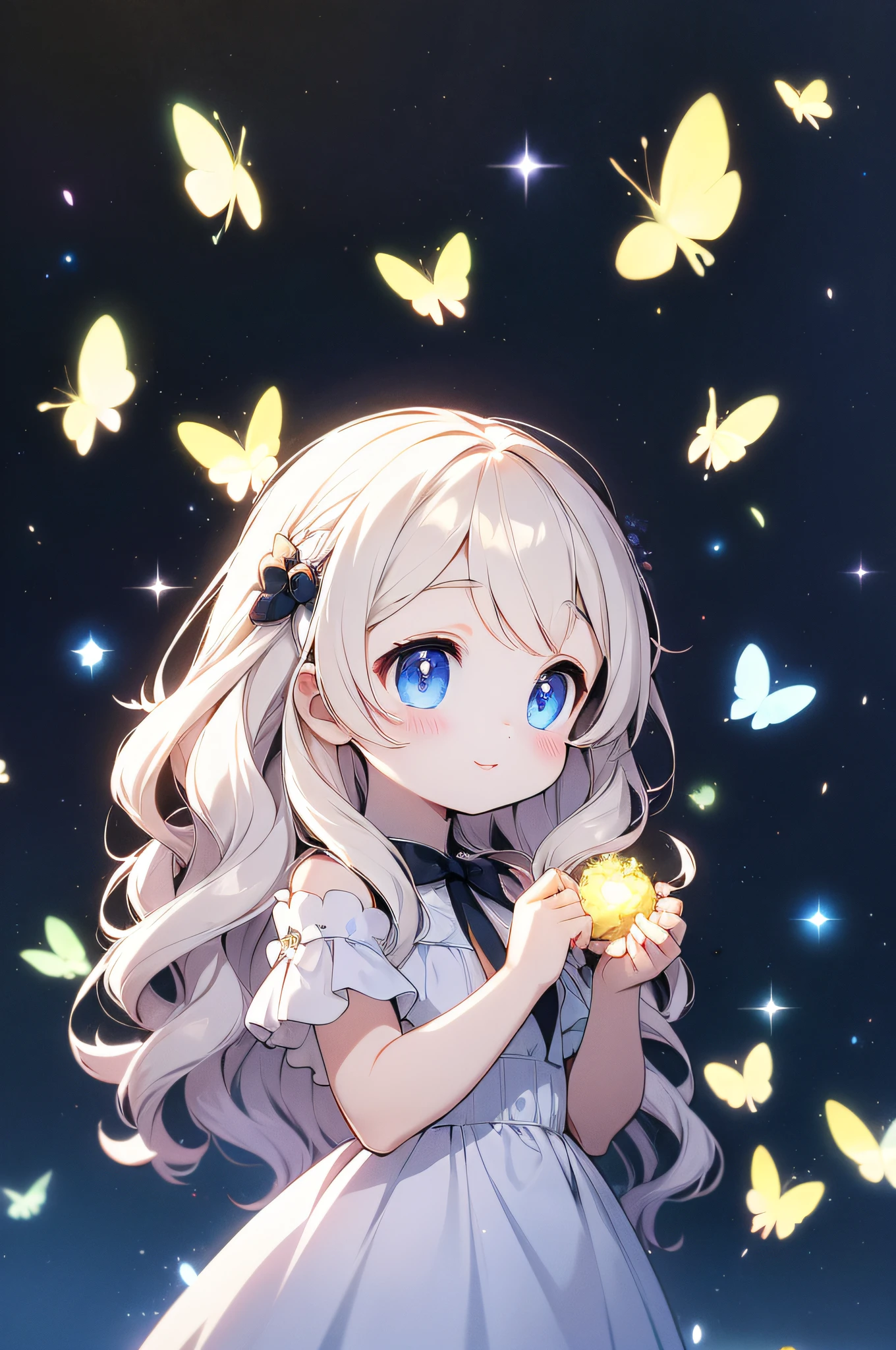 masterpiece、Background with((verdant))Kawaii Girl、fluffly、a smile、Delicate embroidery on a white dress、Blonde long、