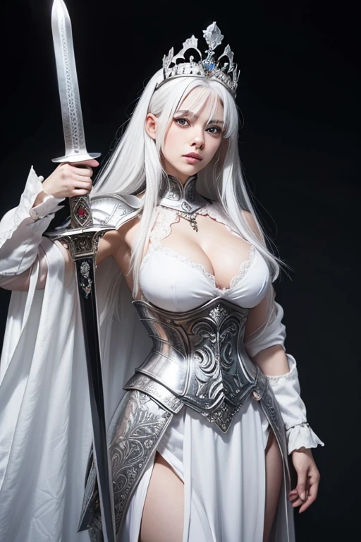 Female , white hair , Large breasts，Silver armor，tiara crown，dramatics , sword in one-hand ,