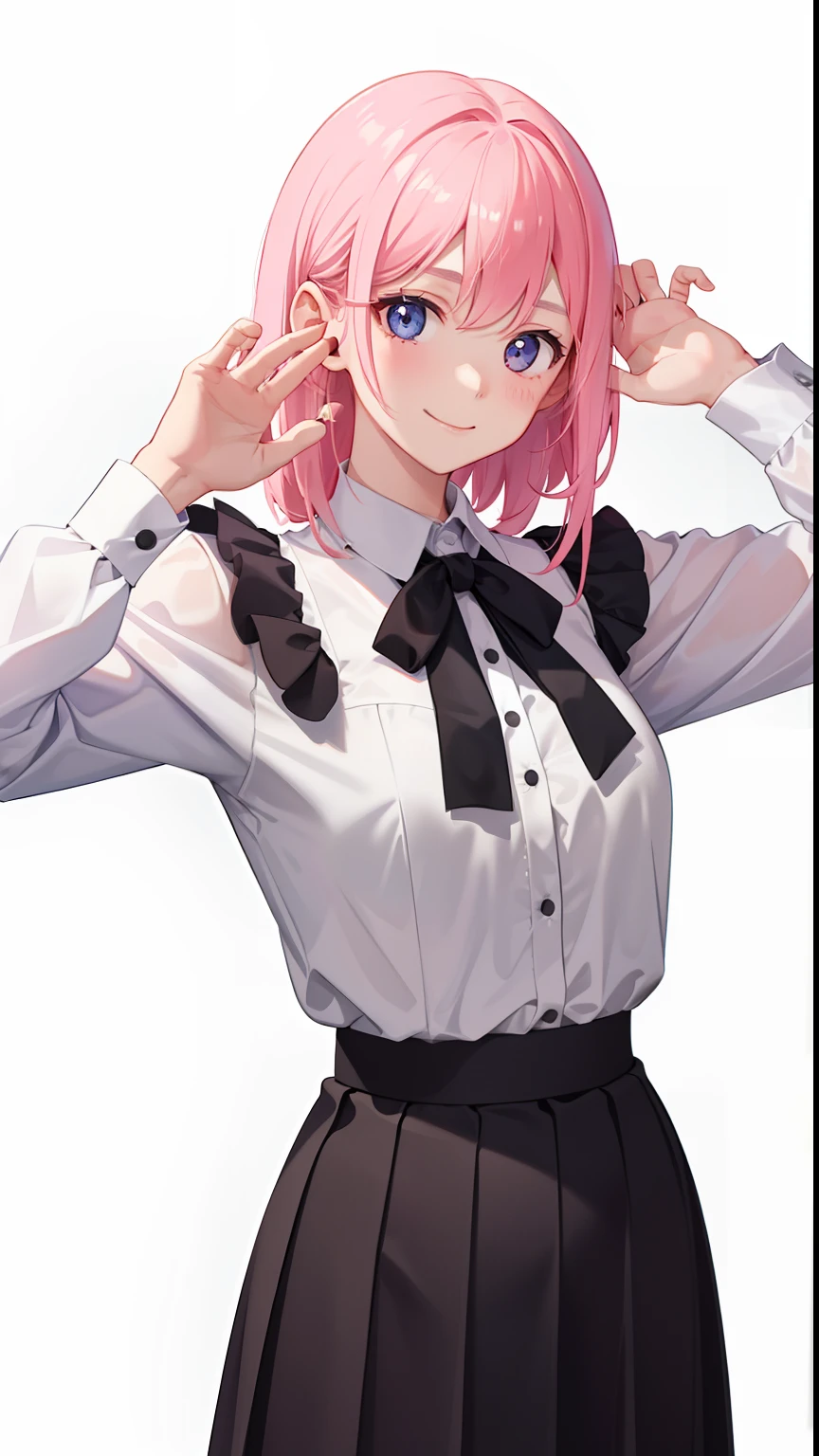 1girl in、imagem 4k、A smile、The shirt、Blouse、(paler)skirt by the、(small tits)Chilarism、movement、