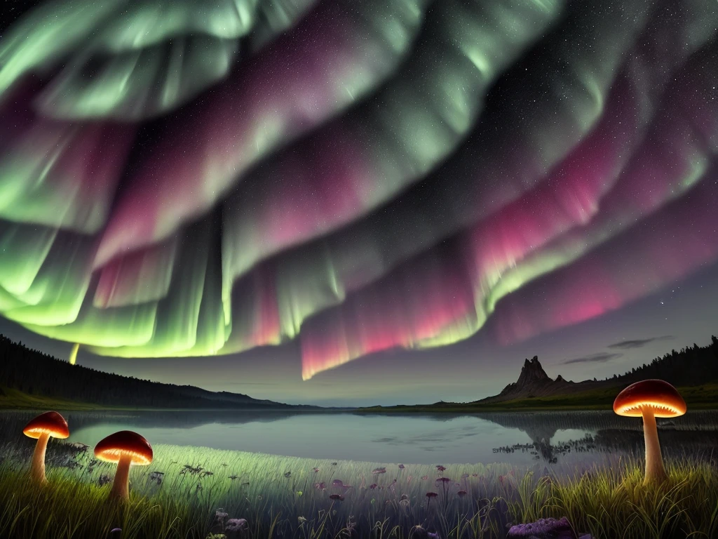 the all scenery are cartoon sketches and so colorful light..
scenery 1: a cartoom scenery a dark sky with aurora lights to a alien like planet , yet with earthy plants like magical mushrooms and other plants