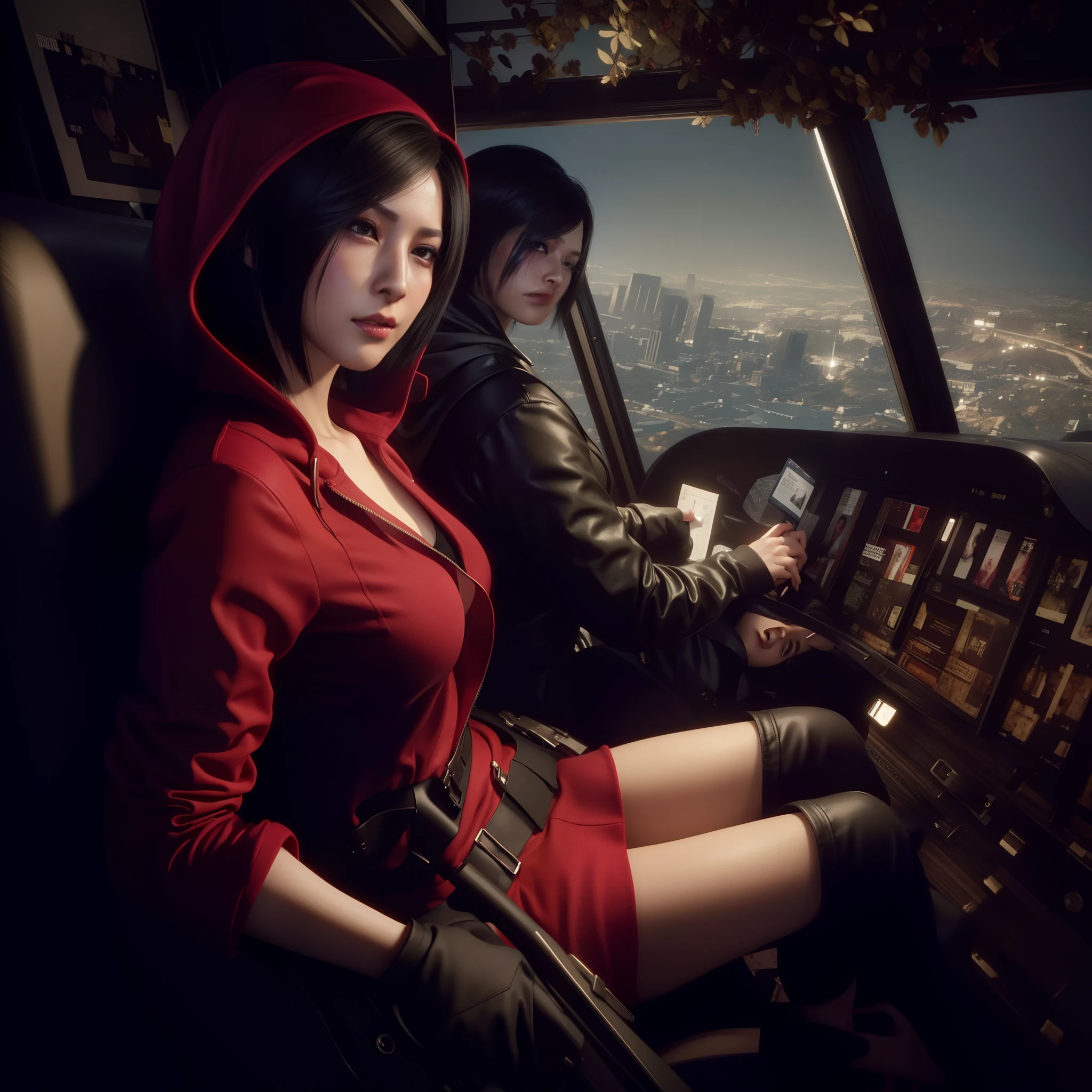 Ada wong, beautiful face, woman, bob hair, perfect Face, wearing mini red dress hoody, wearing hoody, black nail polish, embraced face, shy