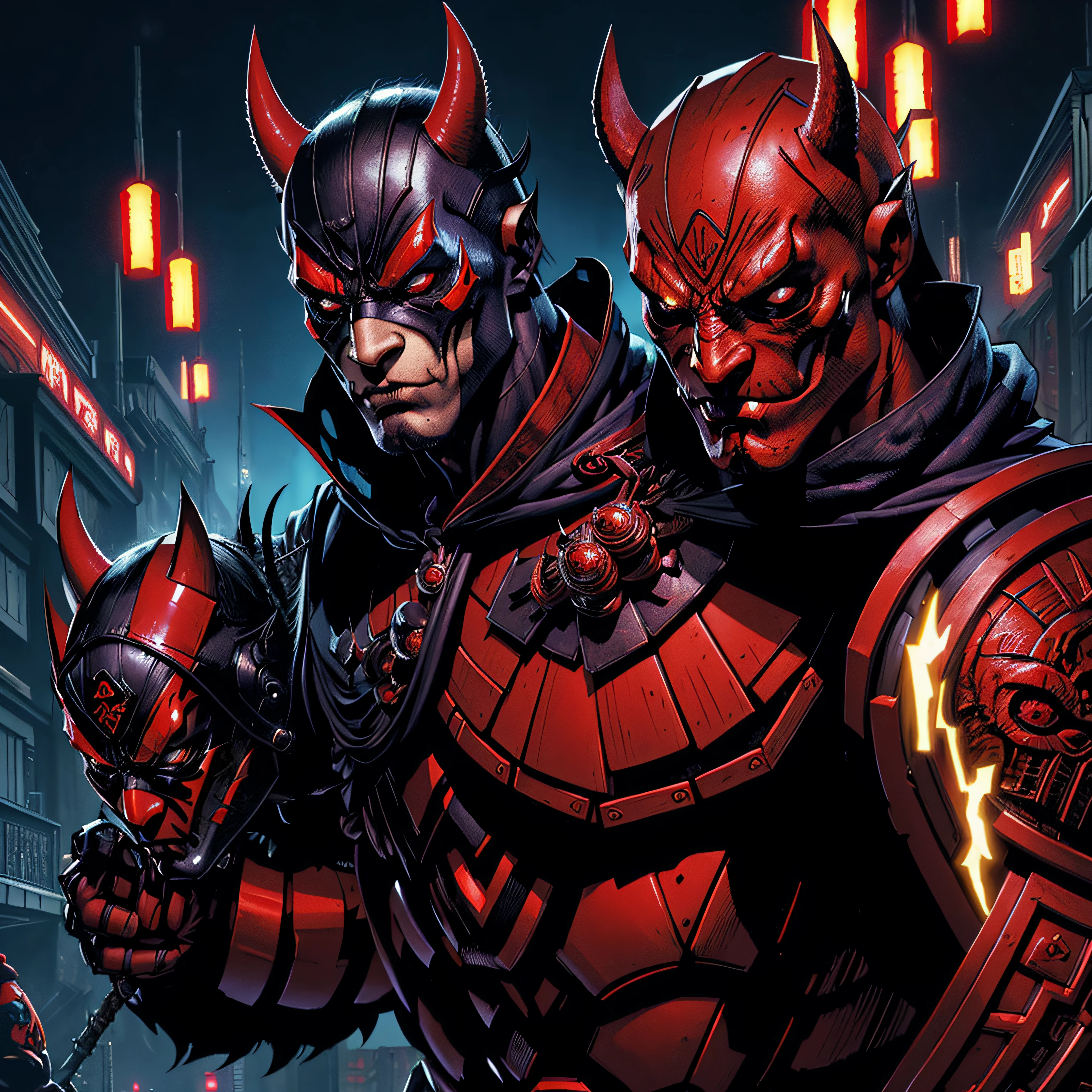 there is a woman wearing a mask and a jacket, villain wearing a red oni mask, second life avatar, smart tai warlord, ( ( bit flip | god of ai art ) ), oni mask, vega mask, kabuki mask, art style, portrait of a digital shaman, demon samurai mask
