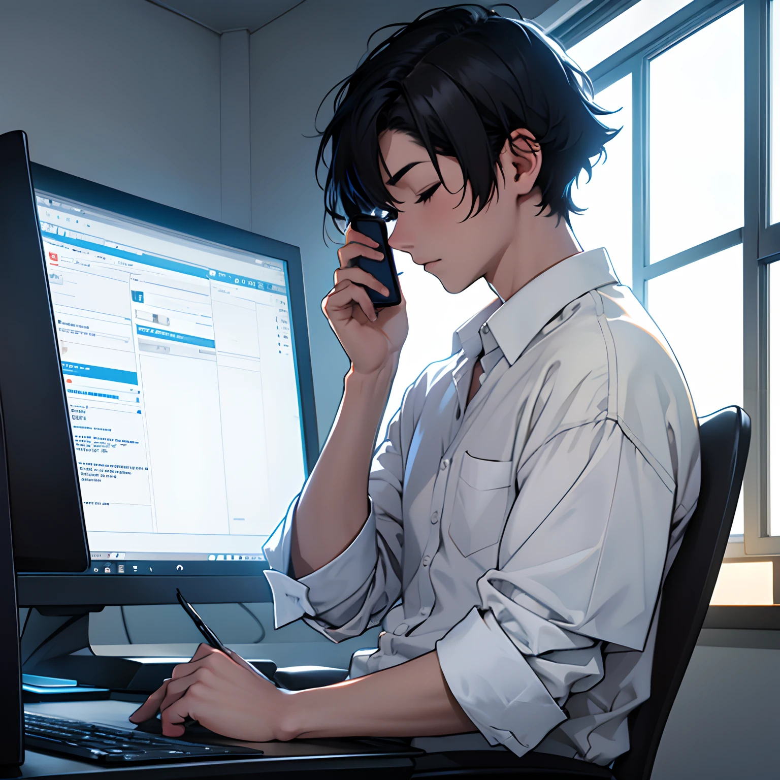 shoun，With short black hair，Wear a white shirt，Sit next to the computer，Hold your phone with both hands，Close your eyes，Indoor Ambient，The lighting is dark