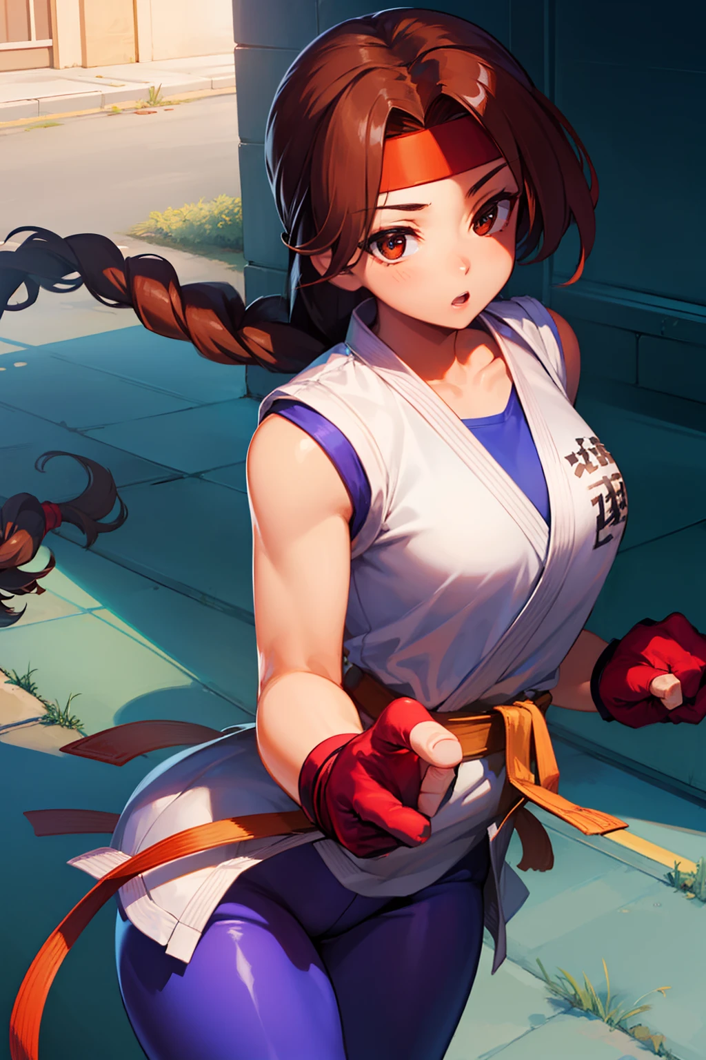 (masterpiece, best quality, high resolution, unity 8k wallpaper, extremely detailed CG:1), (illustration:1.0), 1girl,solo, yurims, headband, dougi, spandex, gloves,