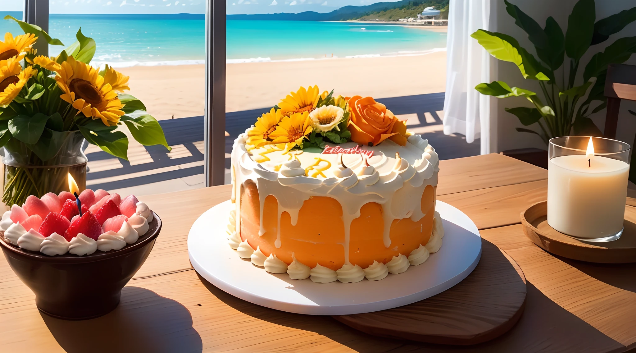 Orange birthday cake，There is a candle，balloons，fresh flowers，a plant，rays of sunshine，beachside，