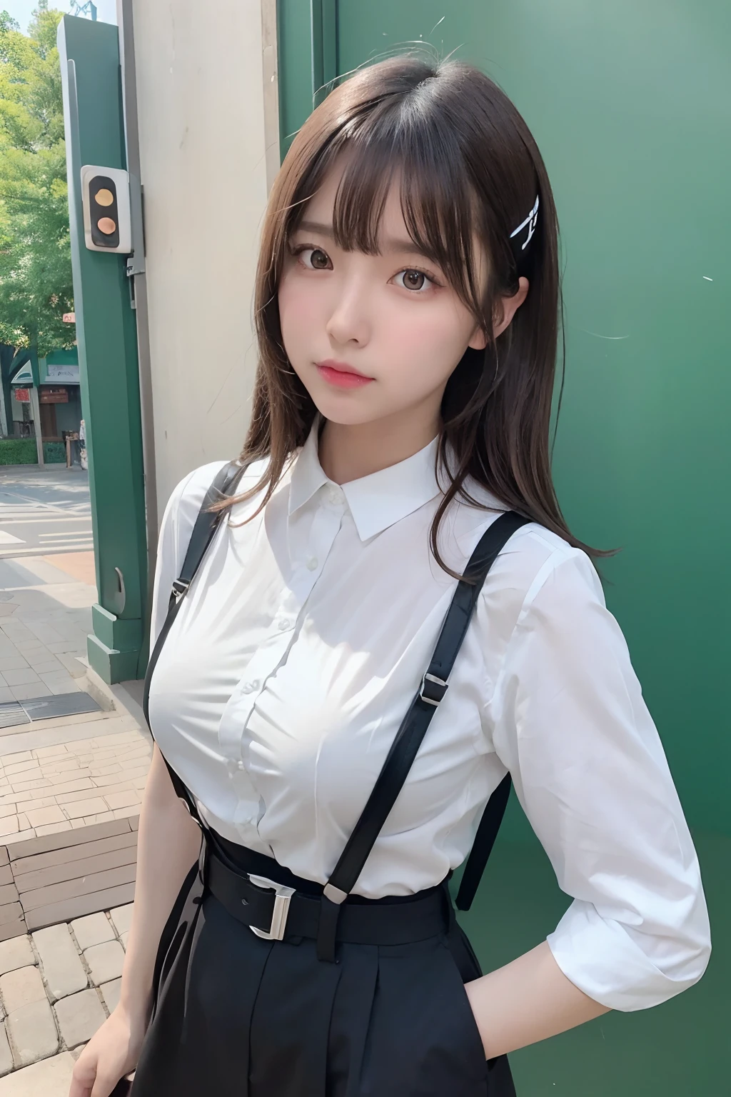 masterpiece、flat-colors、depth of fields、lens flare 1 girl、、Brown hair、watching at viewers black suspenders bulging big breasts Armpit sweat perspiring Side of both hands walls: Black miniskirt garterbelts Gaze Small face Bangs Upper Eyes flank Rat-colored eyes holster a belt