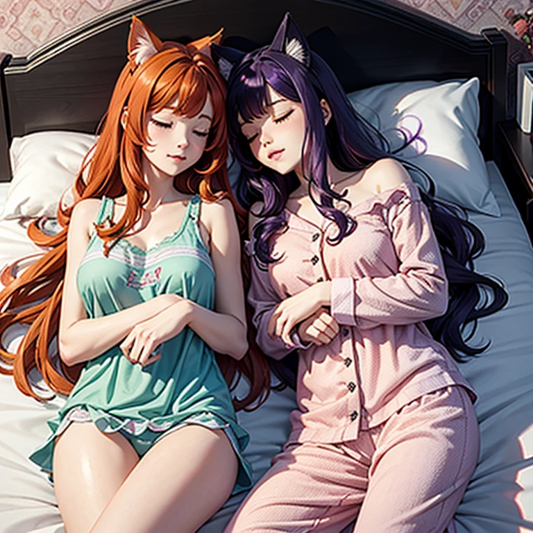 2 wemen on a bed, sleeping, cuddling each other, first with black and purple hair, other women with Red Hair , ginger hair, long hair, first with cat ears, second with no cat ears, , wavy hair, belle poitrine plantureuse, Cute Scene,pyjamas,