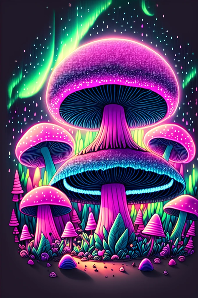 a cartoon so colorful sketch scenery a black sky with pink and neon aurora lights to a alien like planet , yet with ailenlike plants like magical mushrooms and other plants 1:1 image