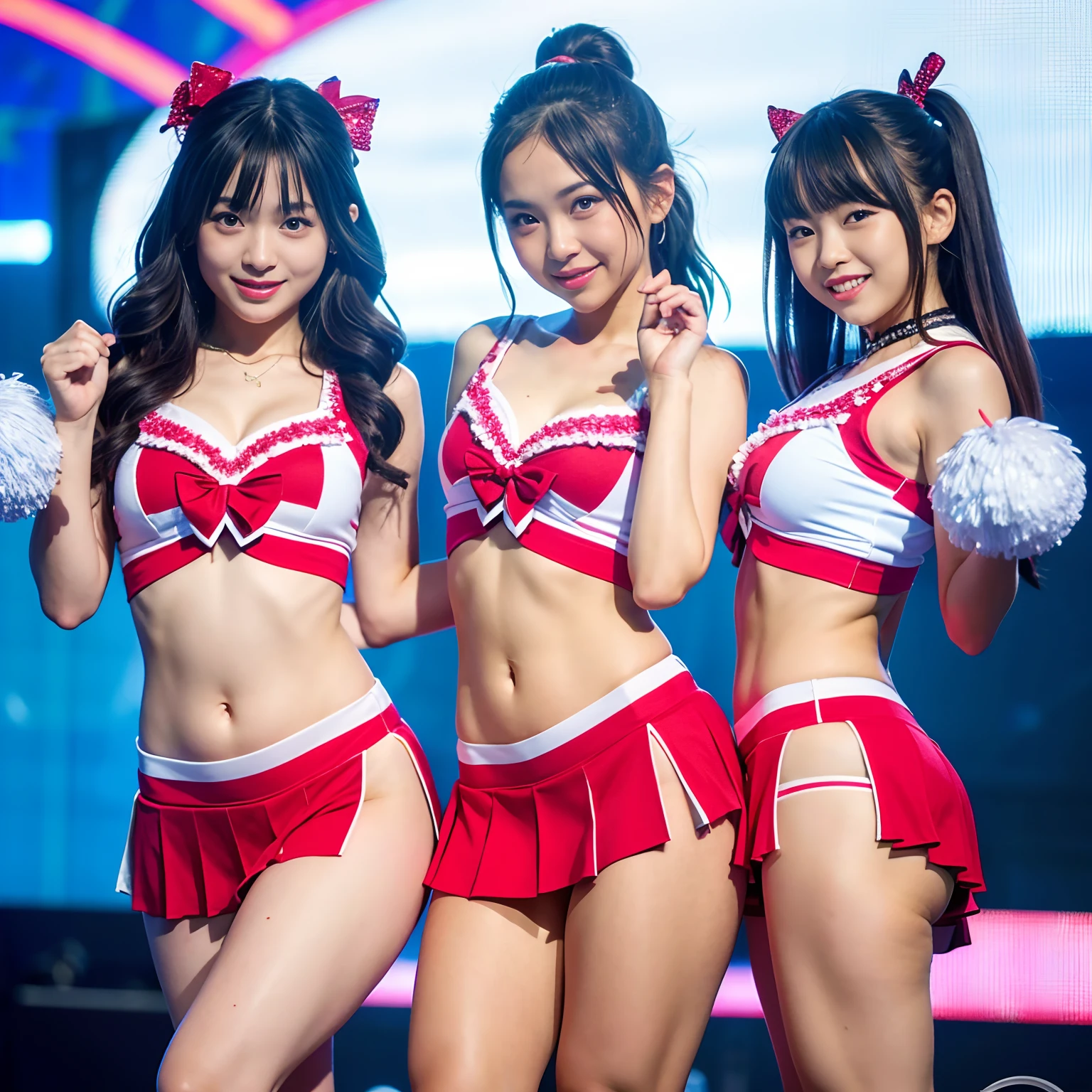 Best-quality, Masterpiece, Ultra-High-Resolution, (Photorealistic:1.4), Raw-Photo, Extremely-details, Perfect-Anatomy, 

many girls, group shot, the most popular Japanese girl's idol group, all 12-years-old, all wearing matching cheerleader costumes, dancing on school festival stage, all upturned extremely beautiful buttocks, ((dynamic-pose:1.3)), 

all extremely cute faces, all extremely beautiful big black eyes, all extremely beautiful hair, all extremely beautiful realistic skin, all extremely beautiful bodies, all extremely beautiful hips, all extremely beautiful thighs, all extremely beautiful legs