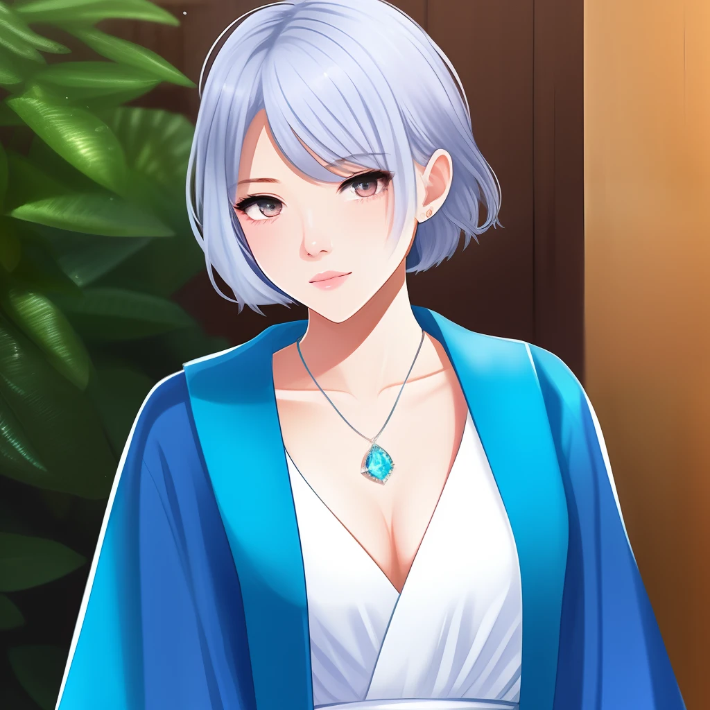 Female, 19 years old、Genshin Impact's Water Elemental Messenger、Silver-haired shorthair、Eyes are light blue、Pale pink skin color、She is wearing a blue robe and a white dress、I have a crystal pendant。