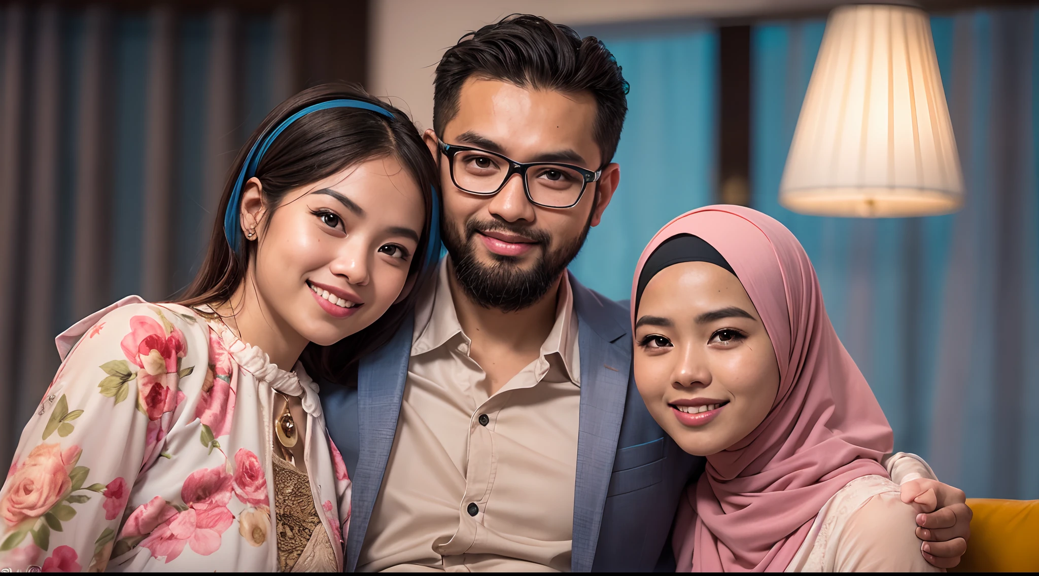 1 matured malay men 50 years oldin office suit,hugging 3 young malay girl in hijab wearing floral baju kurung  20 - 23 years old, malay men hand on girl shoulder, nighttime, beautiful girl with beautiful perfect body, location: couch in nightclub, professional photography, bright lighting, 28mm lens, Establishing shot, deep focus cinematography effect, Natural Lighting, pastel color grading, high quality, ultra detail, 8k resolution,