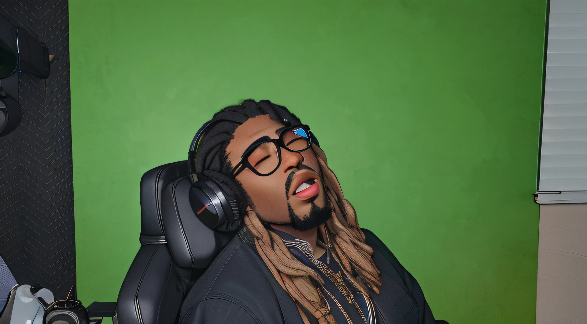there is a man with dreadlocks sitting in a chair, a twitch streamer/gamer, taken in the early 2020s, a black man with long curly hair, lit from bottom, full head shot, halfbody headshot, looking off to the side, eyes closed. sitting down, looking to his left, mouth open