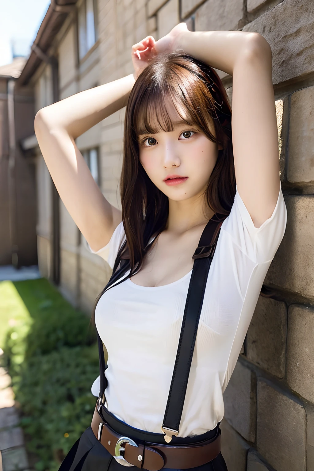 ​masterpiece、flat-colors、depth of fields、lens flare 1 girl、、Brown hair、watching at viewers　　　black suspenders　　　bulging big breasts　　　 　 Armpit sweat　perspiring　Side of both hands　　walls: 　Black miniskirt　garterbelts　　　　　　Gaze　　　Small face　Bangs Upper Eyes　flank　　Rat-colored eyes　　holster　　a belt