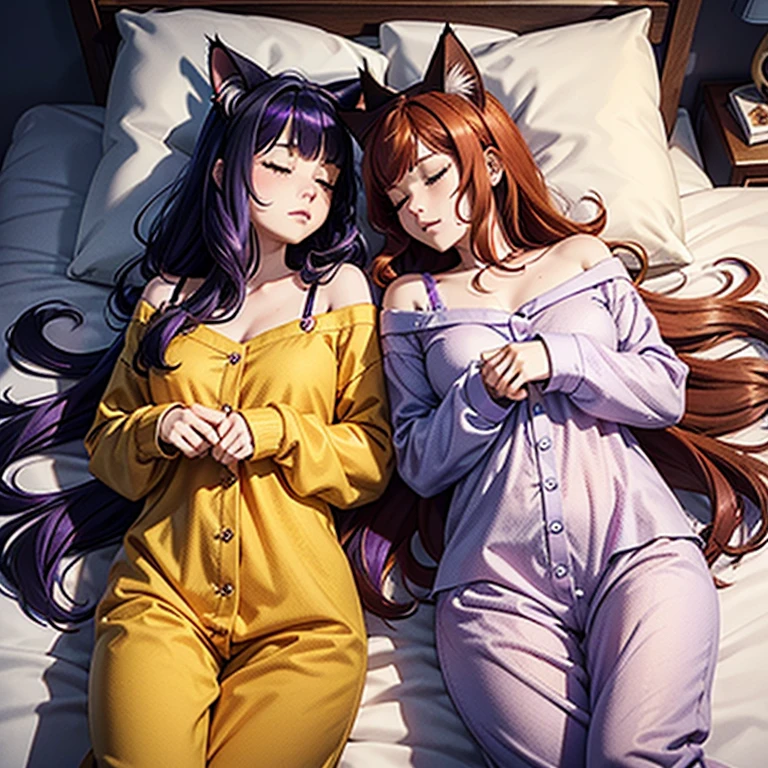 2 wemen , on  with cat ears the other without, on a bed, sleeping, cuddling each other, first with black and purple hair, other women with Red Hair , ginger hair, long hair, first with cat ears, second with no cat ears, , wavy hair, belle poitrine plantureuse, Cute Scene,pyjamas,