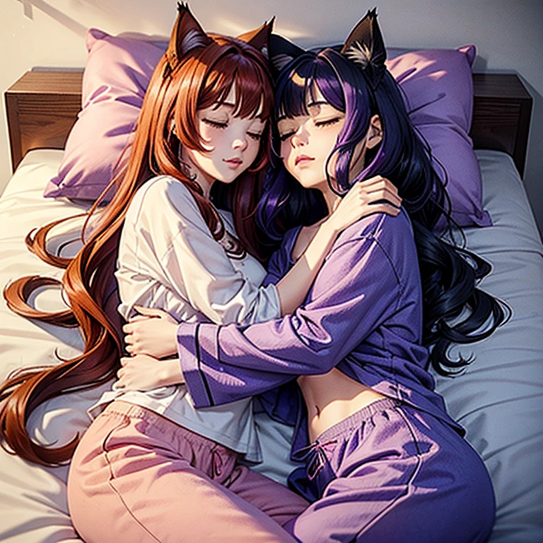 2 wemen , on  with cat ears the other without, on a bed, sleeping, cuddling each other, first with black and purple hair, other women with Red Hair , ginger hair, long hair, first with cat ears, second with no cat ears, , wavy hair, belle poitrine plantureuse, Cute Scene,pyjamas,