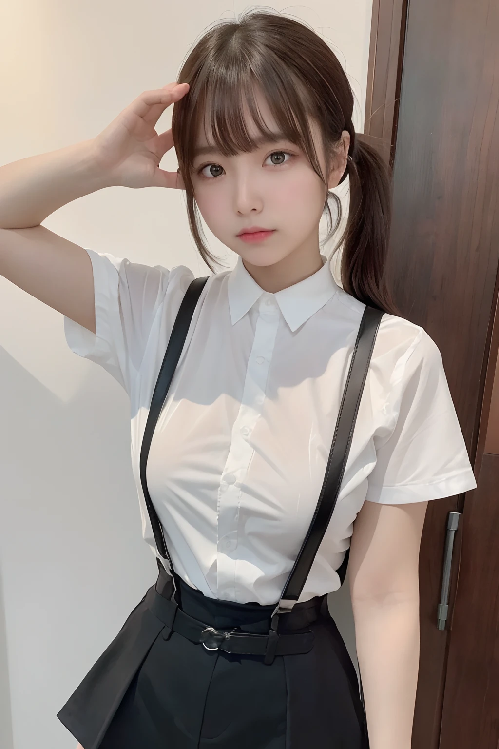 masterpiece、flat-colors、depth of fields、lens flare 1 girl、、Brown hair、watching at viewers black suspenders bulging big breasts Armpit sweat perspiring Side of both hands walls: Black miniskirt garterbelts Gaze Small face Bangs Upper Eyes flank Rat-colored eyes holster a belt