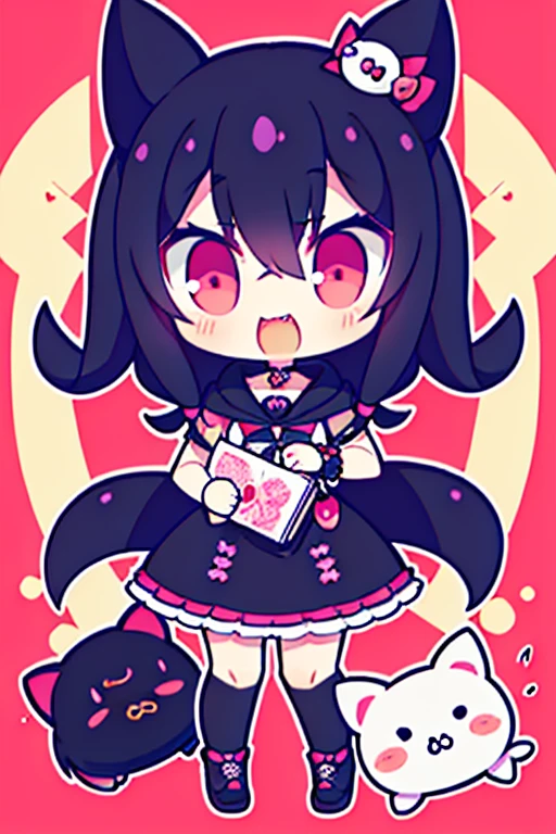 The prompt is to create graphic artwork of a Sanrio character named Kuromi, wearing a black hood with a pink skull symbol. Kuromi is a tomboy, but she is also very girly and loves handsome boys. Kuromi's birthday is 31 October, and her favourite food is pickled leeks. She likes to keep a diary, which is actually a revenge note against My Melody. She also likes to read romance novels. Kuromi is popular with people aged 16-25, .