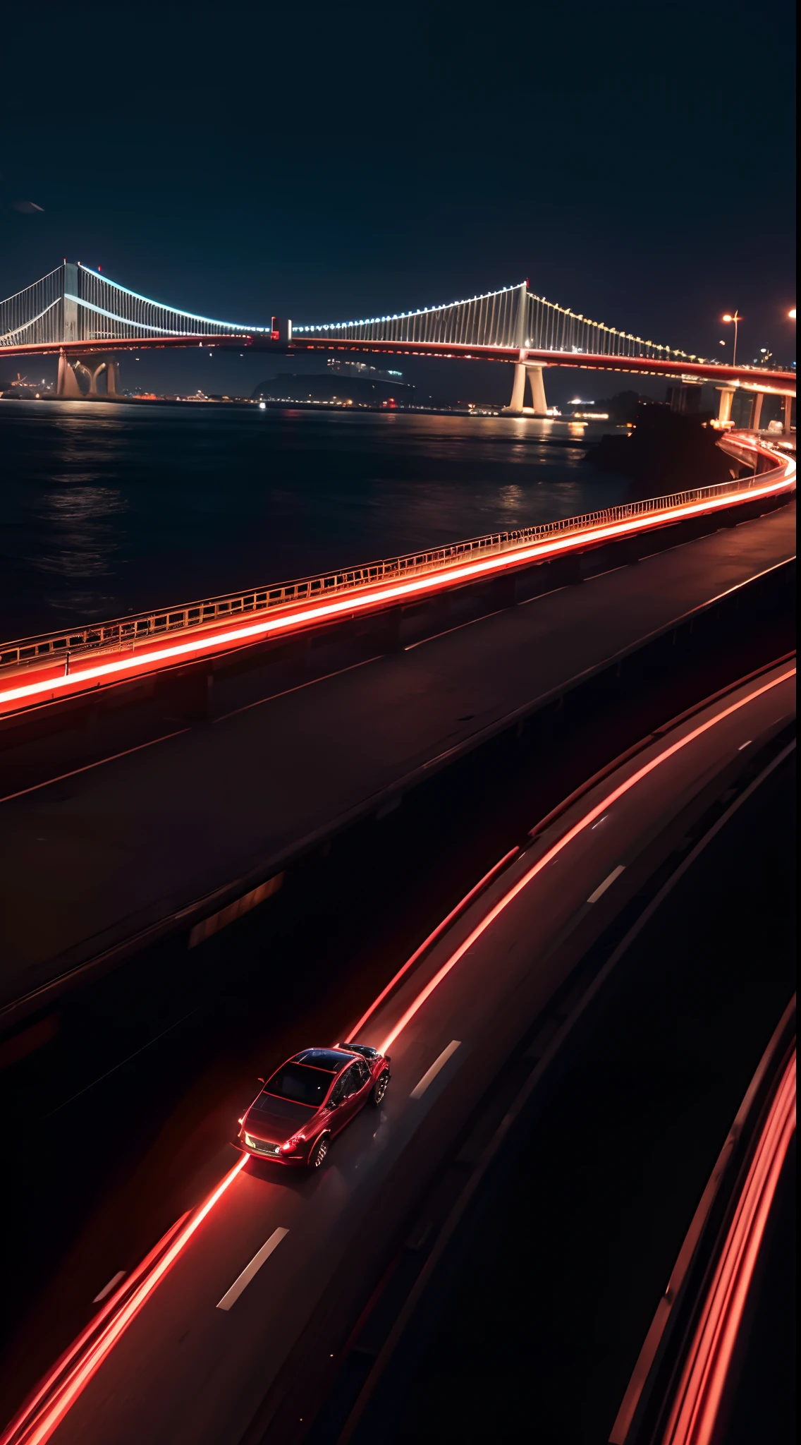 A Bentley Flying Spur,professional photoshooting,k hd,4k,nigth,Red street lights,towns,Background of a sea-crossing bridge(1.3),Speeding,Cyberpunk style