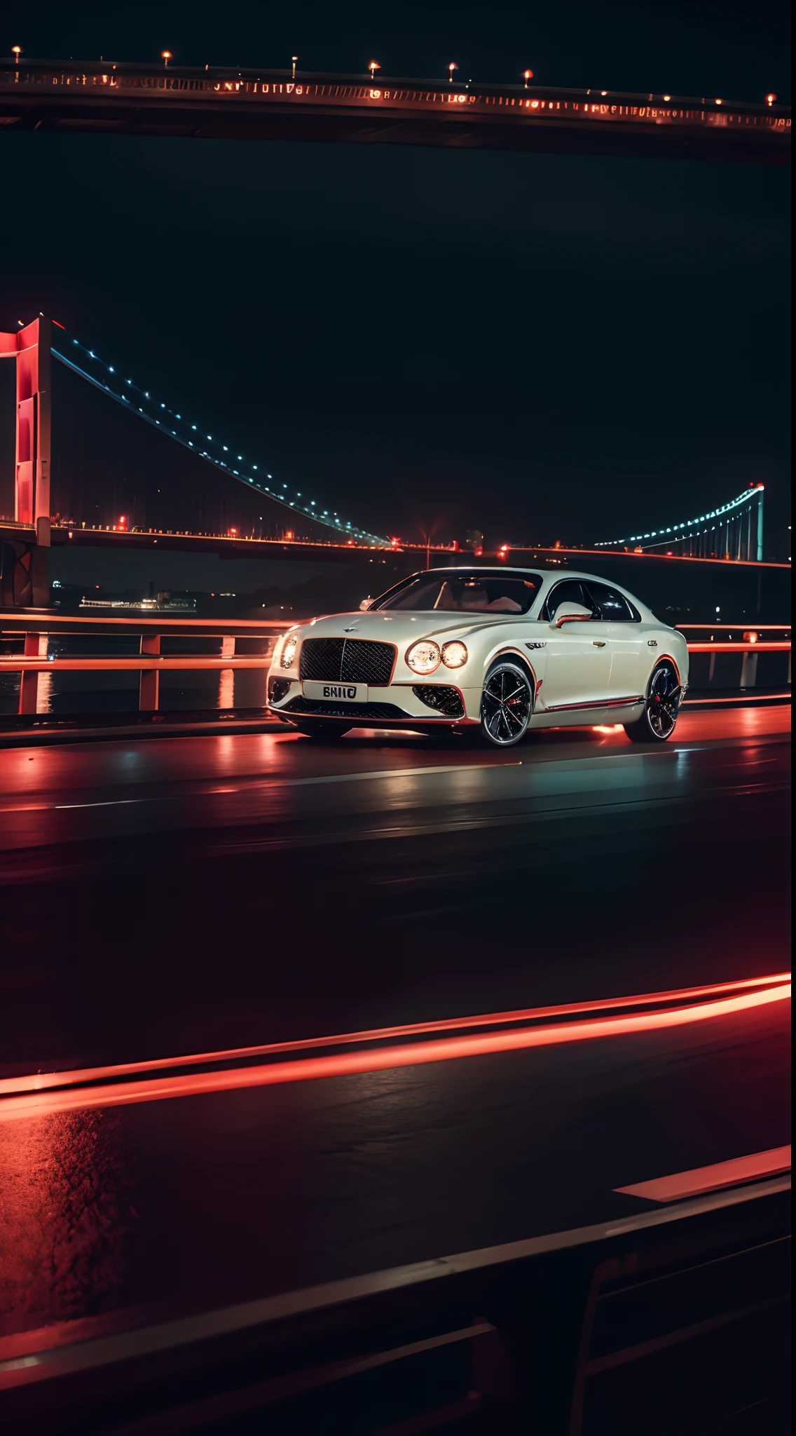 A Bentley Flying Spur,professional photoshooting,k hd,4k,nigth,Red street lights,towns,Background of a sea-crossing bridge(1.3),Speeding,Cyberpunk style
