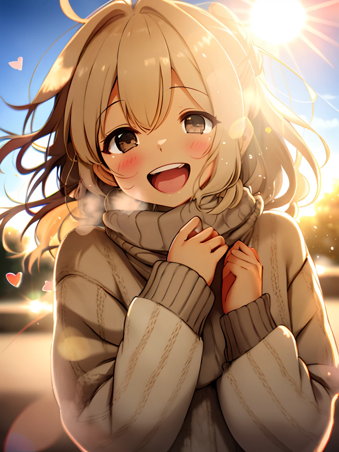 a girl, cosy sweater on, upper body, (huge Laughing:1.1), (open mouth:1.1), (wide open eyes:1.2), sun glare, bokeh, depth of field, blurry background, light particles, strong wind, (heart particles:1.1)
