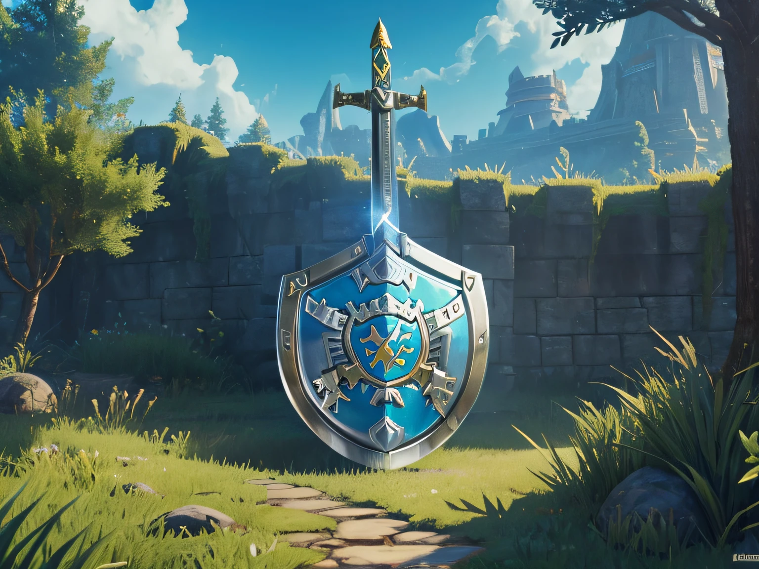 Zelda Style Scenery, (Zelda Theme), (Link's Sword and Shield:1.5), (Masterpiece), (Best Quality), (Ultra high Detailes)