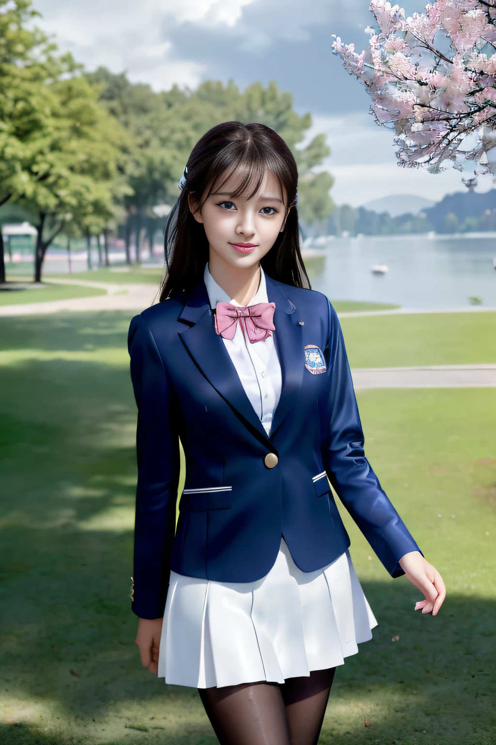 best qualtiy,tmasterpiece,hight resolution,1girll,dingdall effect,realisticlying,edge lit,two tone lighting,(highdetailskin:1.2),8K UHD,pure,Dolce,flowers background,Colorful background,Based on physical rendering,Perfect Light and Shadow,extreme hight detail,Pink tones,eye reflections,Raised sexy,perfect bodies,Superb Beauty,largeeyes,long eyelasher,Delicate eyes,(blue eyess)、big shiny eyes,Small pupil reflex,Shoulder and neck details,The texture of the pupil is delicate,Perfect eyes,black pupils,best qualtiy,tmasterpiece,16 K,a picture,head portrait,Bigchest,Medium size breasts,Delicate avatars,(Little girl walking in a park by the lake)),((female students、校服),((Wet navy blue blazer、emblem on breasts))、)(Wet translucent white blouse)、(red bowtie,)(White flared skirt),(Black pantyhose),(Black loafers)、(Troubled smile)、(Cloudy sky outside)、(It seems to be blown by the rain and wind)、(Hand raised to prevent rain)、