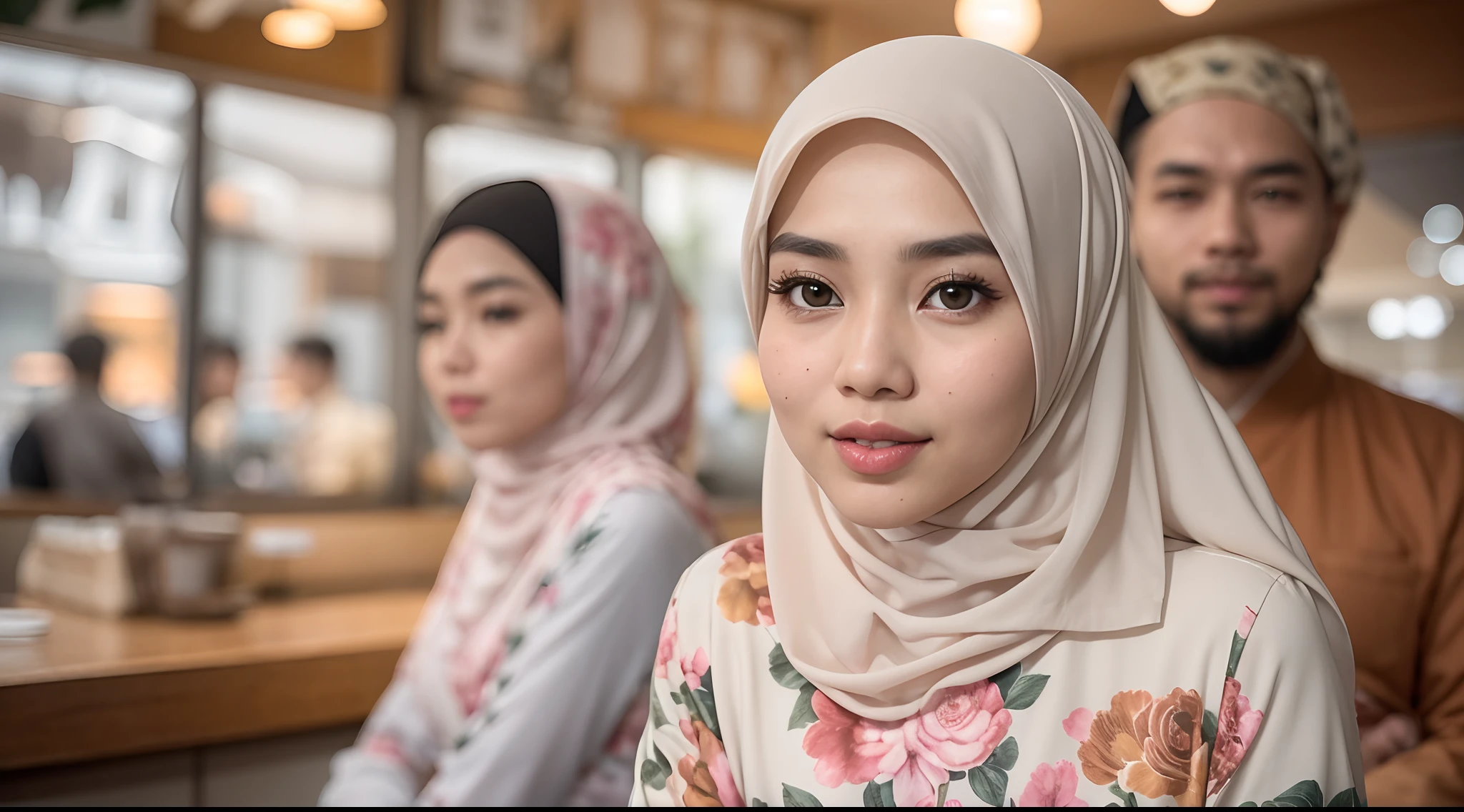 A photo of a young, nerdy malay woman in hijab sitting in a starbuck cafe with 1 malay men in office suit standing behind, woman wearing pastel floral pattern baju kurung, surrounded by a cozy atmosphere, cool ambient, looking at the viewer. (Detail skin:1.3), haired hand,
Hijab, slender, red lips,  flirting with the camera