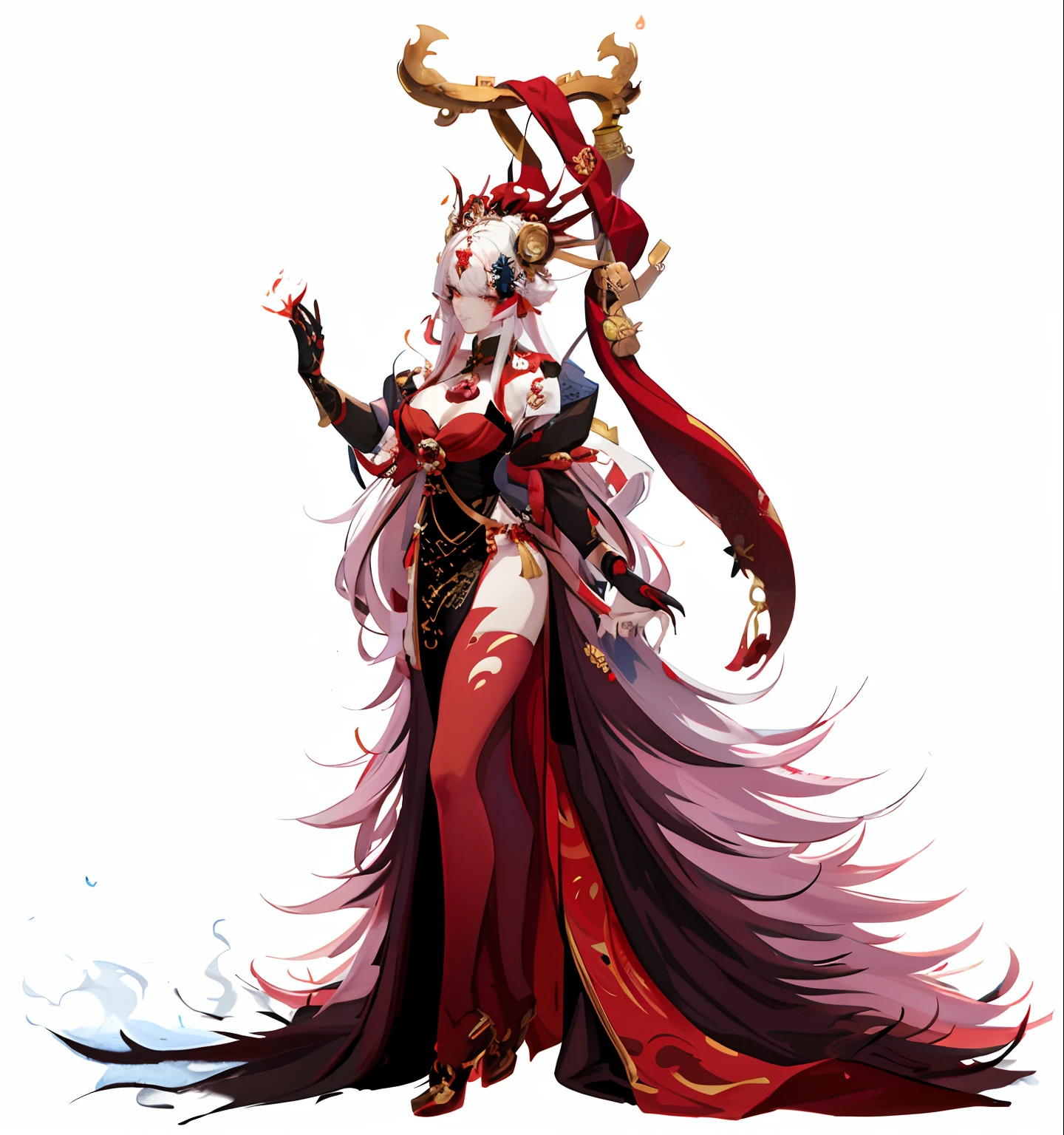 Anime girl in red dress and golden crown, Onmyoji detailed art, onmyoji, Anime goddess, full-body xianxia, appears as the fire goddess, white-haired god, onmyoji portrait, ((a beautiful fantasy empress)), beautiful elegant demon queen, dark sorceress full view, a beautiful fantasy empress