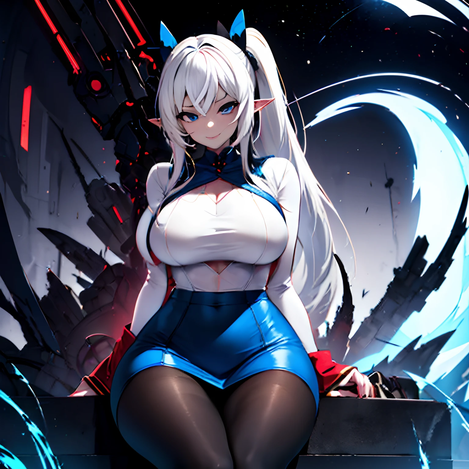 1 girl, solo, Shiranui_Flare, very large breasts, dark_elf, pale grey skin, white hair with black tips, long pointy ears, long hair, low ponytail, sidebangs, hair between eyes, straight hair, starry blue eyes, wide hips, curvy waist, thick thighs, wide V-neck, tight shirt, bodystocking, pencil skirt, black pantyhose, sitting, alien-like, evil smile