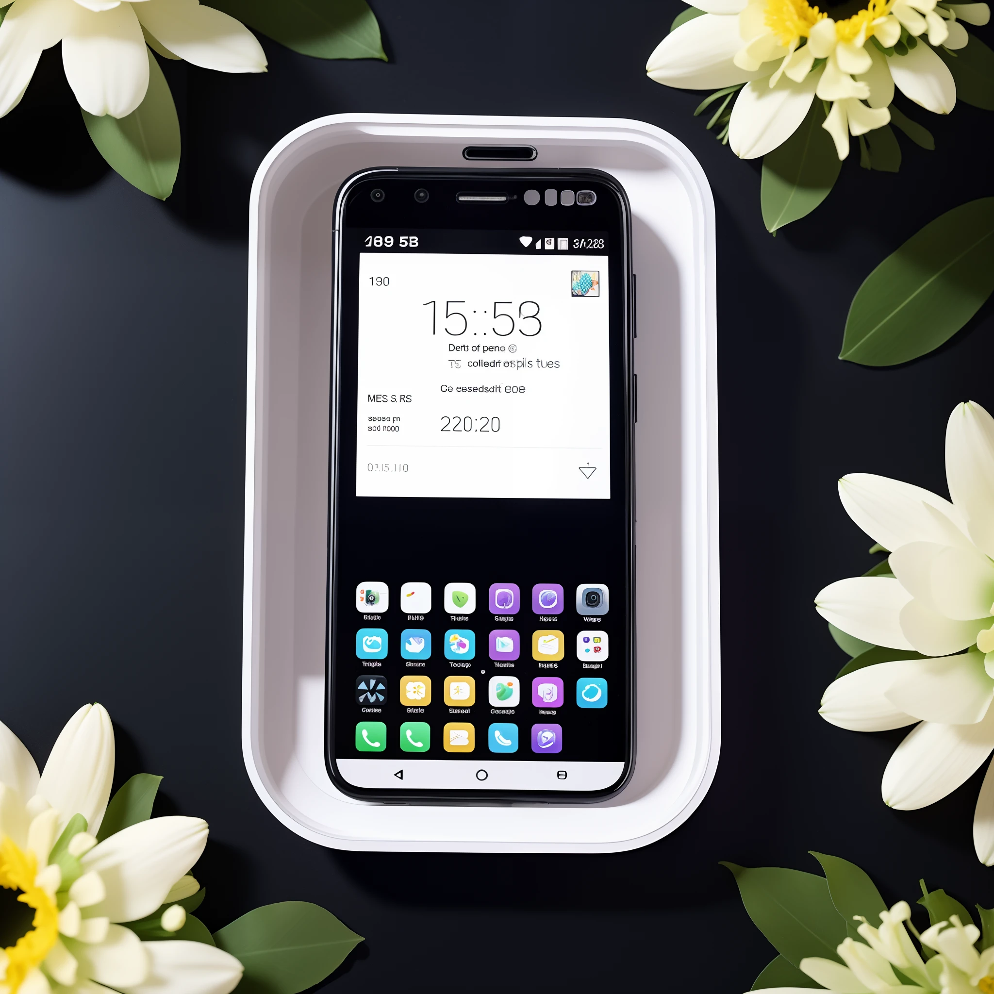 There was a cell phone in a container with flowers, packaging lens, Beautiful camera phone 2000s, full product shot, Black box flowers on the field, Dystopian feeling, Filled with ferrofluid, full device, Inspired by Robert Mapplethorpe, crisp and sharp, beautiful 2000s phone-camera, flat lay, cellular phone