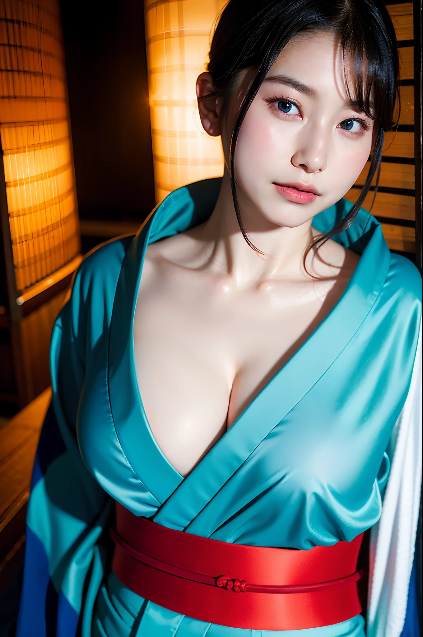 34 years old, 8K, RAW portrait of (Women in Japan), photographrealistic, 超A high resolution, Best Quality, Real life photography , Dramatic, Atmospheric, ( At night :1.1),
1girl in, Very Beautiful Japan Woman, Women's Glamour Shots, Long hair, Natural Skin, Closed mouth, (Smile:0.8)、Slender body, (Shyness)、Reddened cheeks、(bustshot)、(Close-up on the chest:1.7)、
Big beautiful detailed eyes, Black hair, beautiful detailed nose,  
(Light blue kimono), Hair Ornament,((       Nipples protrude from the kimono))、Disheveled kimono、
Simple background, (tilt head:0.3), Look Camera,