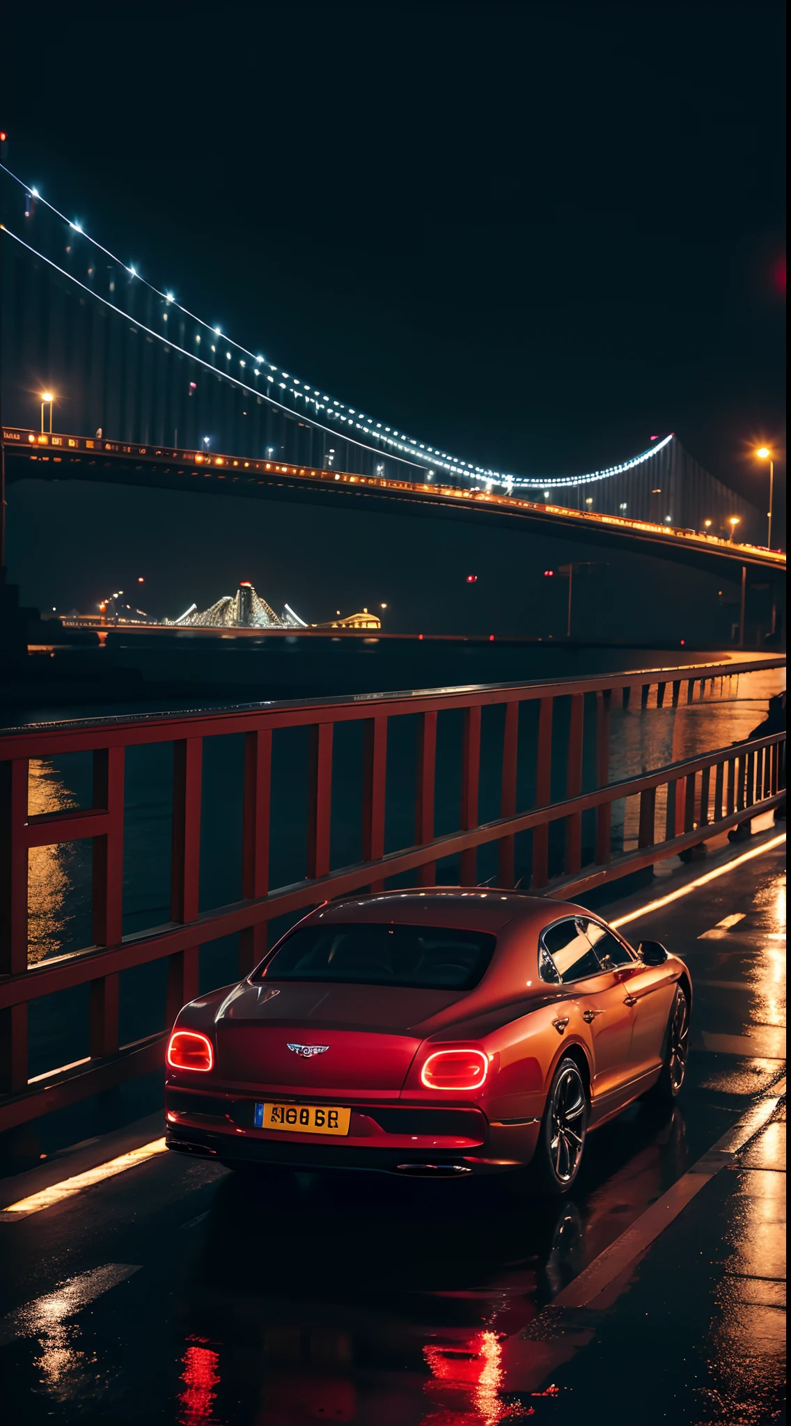 A Bentley Flying Spur，professional photoshooting，k hd，4k，nigth，Red street lights，towns，Background of a sea-crossing bridge（1.3），Speeding，Cyberpunk style