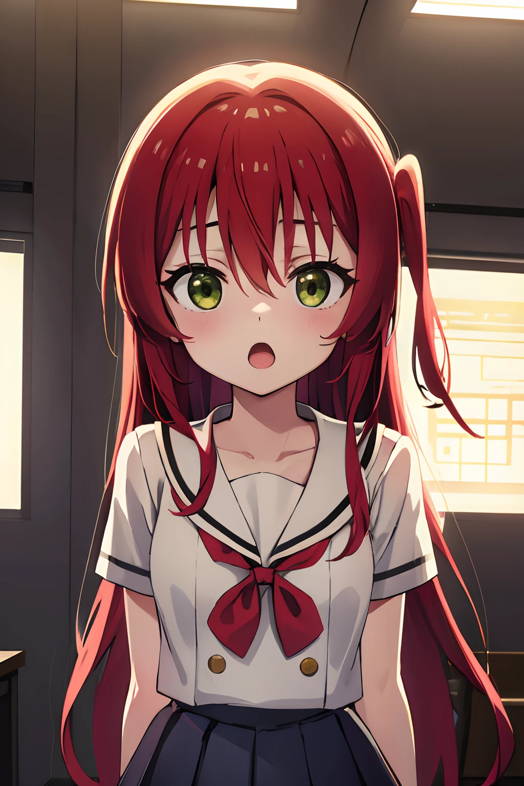kitaikuyo, ikuyo kita, (green eyes:1.5), hair between eyes, long hair, one side up, red hair, (flat chest:1.2),
BREAK black footwear, black skirt, grey sailor collar, pleated skirt, sailor collar, school uniform, shoes, short sleeves, shuka high school uniform, skirt,,
BREAK looking at viewer,
BREAK indoors, classroom,
BREAK (masterpiece:1.2), best quality, high resolution, unity 8k wallpaper, (illustration:0.8), (beautiful detailed eyes:1.6), extremely detailed face, perfect lighting, extremely detailed CG, (perfect hands, perfect anatomy),up chest.big breasts.Sad face.open mouth.