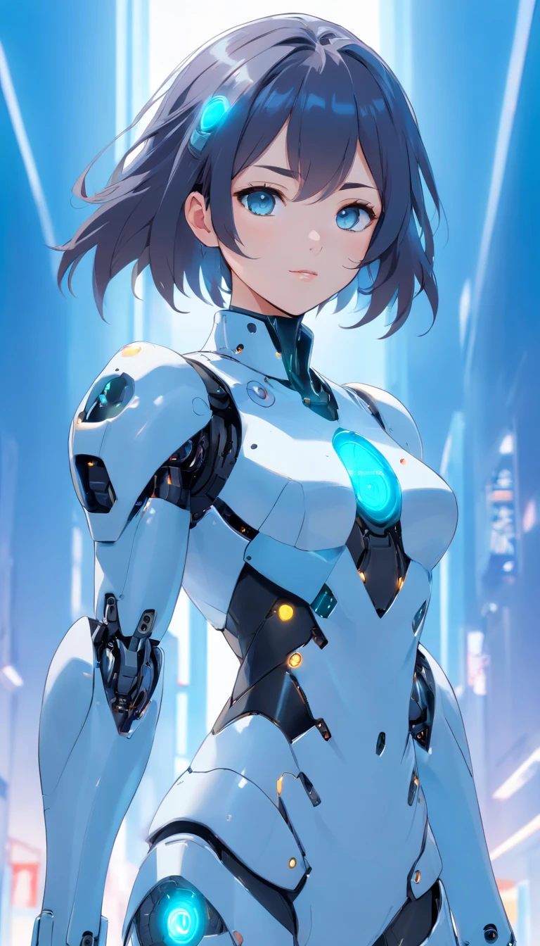 White cyborg suit、17 years old、beautiful girl、ponytail、Black Hair、fight、blue beam、A Cup、Sparks fly, face closeup