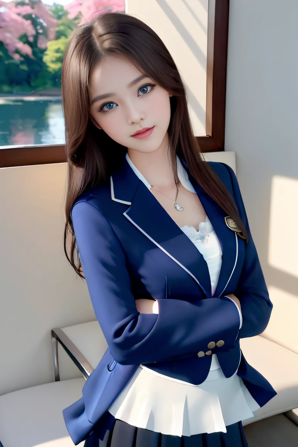 best qualtiy,tmasterpiece,hight resolution,1girll,dingdall effect,realisticlying,edge lit,two tone lighting,(highdetailskin:1.2),8K UHD,pure,Dolce,flowers background,Colorful background,Based on physical rendering,Perfect Light and Shadow,extreme hight detail,Pink tones,eye reflections,Raised sexy,perfect bodies,Superb Beauty,largeeyes,long eyelasher,Delicate eyes,(blue eyess)、big shiny eyes,Small pupil reflex,Shoulder and neck details,The texture of the pupil is delicate,Perfect eyes,black pupils,best qualtiy,tmasterpiece,16 K,a picture,head portrait,Bigchest,Medium size breasts,Delicate avatars,(Little girl standing in the waiting room by the lake)),((female students、校服),((Dark blue blazer、emblem on breasts))、)(Translucent white blouse)、(White flared skirt),(Black pantyhose),(Black loafers)、、a smile