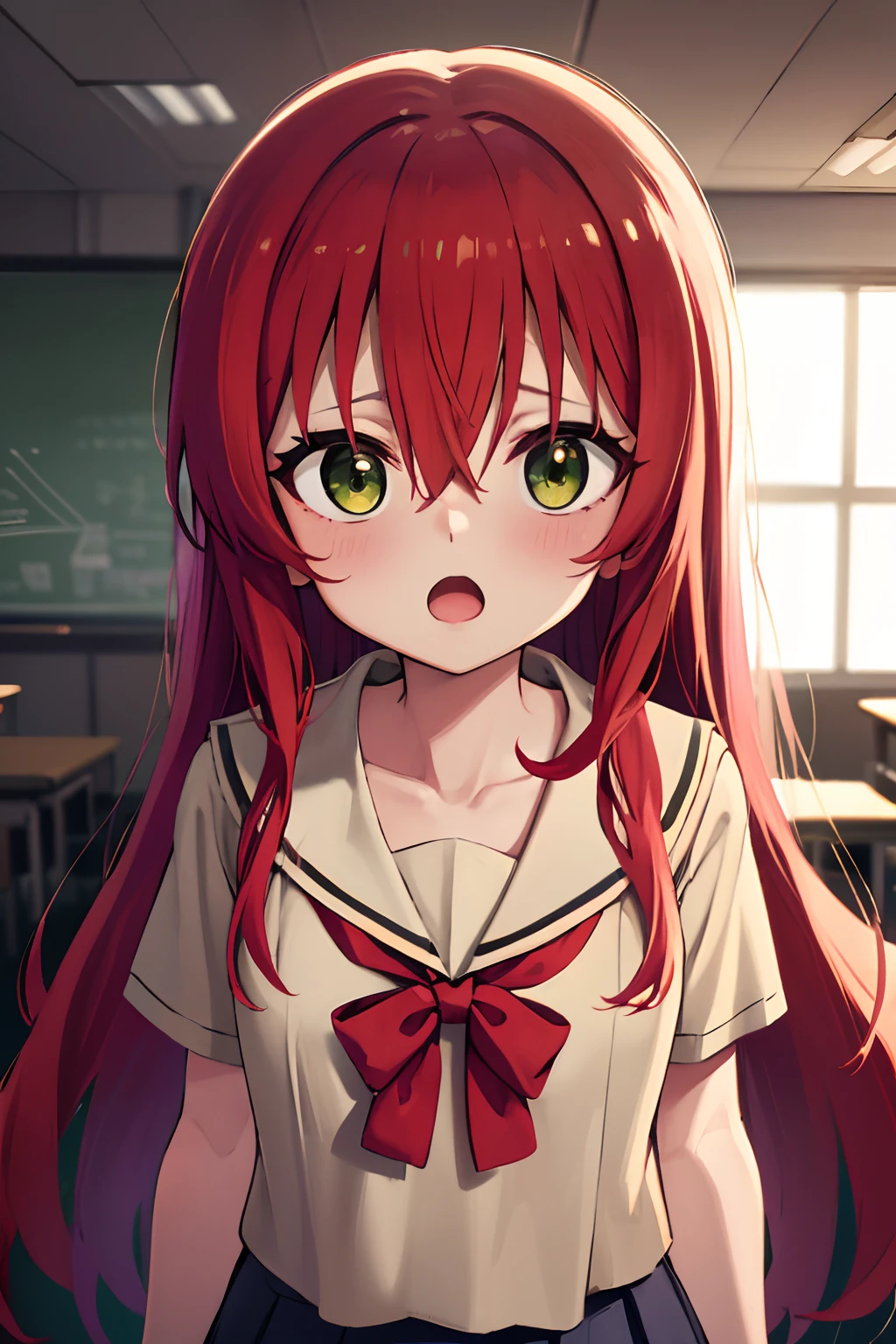 kitaikuyo, ikuyo kita, (green eyes:1.5), hair between eyes, long hair, one side up, red hair, (flat chest:1.2),
BREAK black footwear, black skirt, grey sailor collar, pleated skirt, sailor collar, school uniform, shoes, short sleeves, shuka high school uniform, skirt,,
BREAK looking at viewer,
BREAK indoors, classroom,
BREAK (masterpiece:1.2), best quality, high resolution, unity 8k wallpaper, (illustration:0.8), (beautiful detailed eyes:1.6), extremely detailed face, perfect lighting, extremely detailed CG, (perfect hands, perfect anatomy),up chest.big breasts.Sad face.open mouth.
